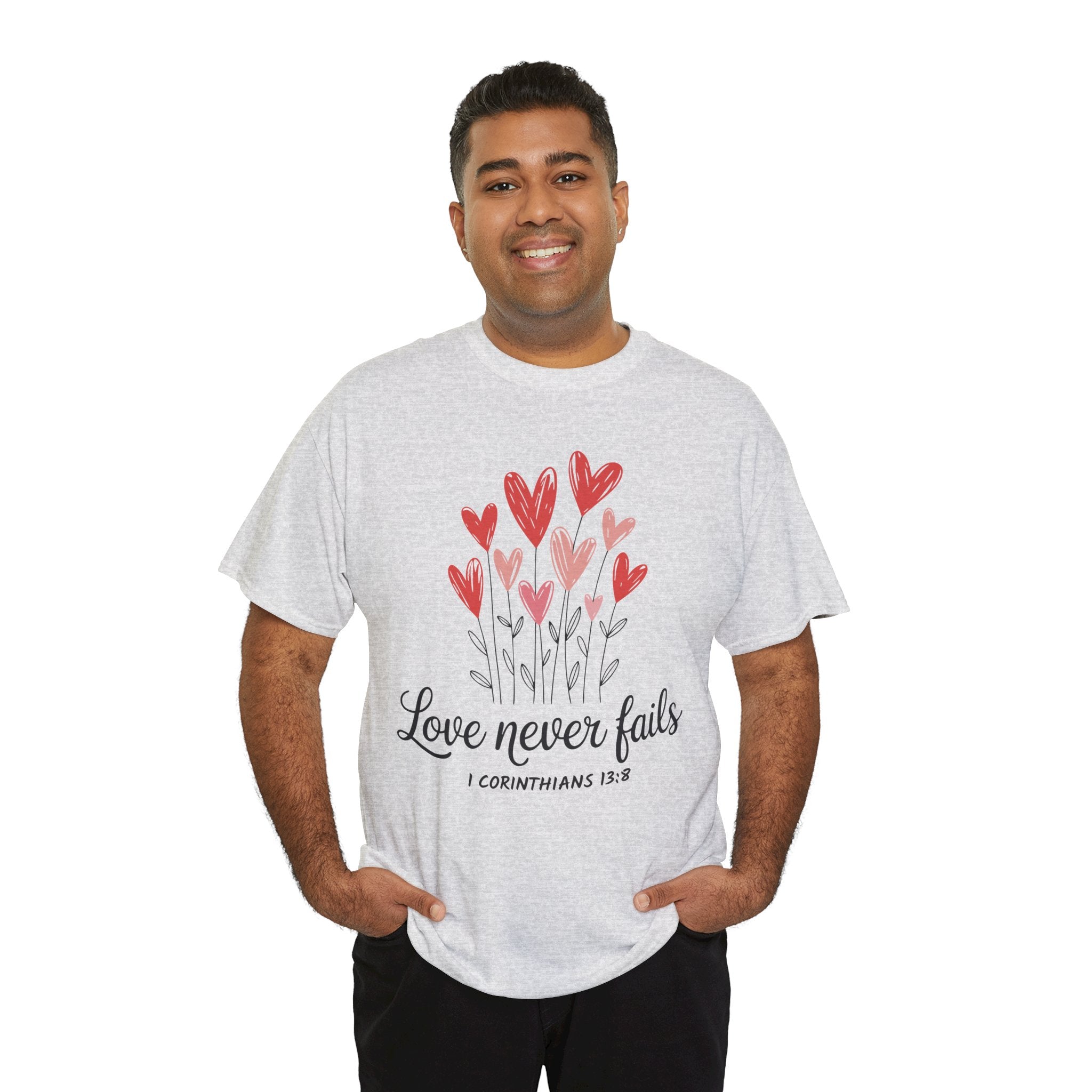 Christian Valentine T-Shirt — "Love Never Fails" (1 Corinthians 13:8) Unisex Cotton Tee
