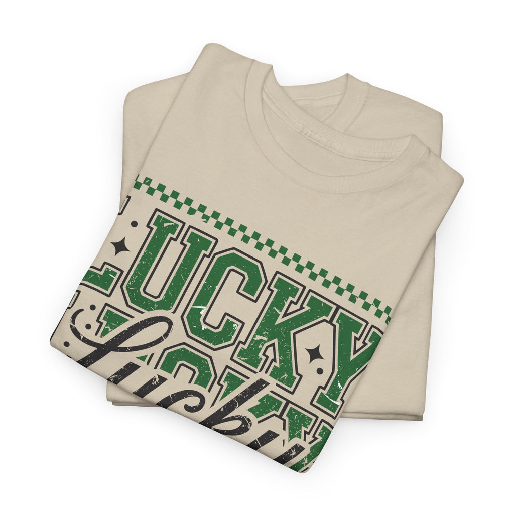 Lucky Varsity Tee — Layered Green ‘Lucky’ Graphic Unisex Cotton Tee
