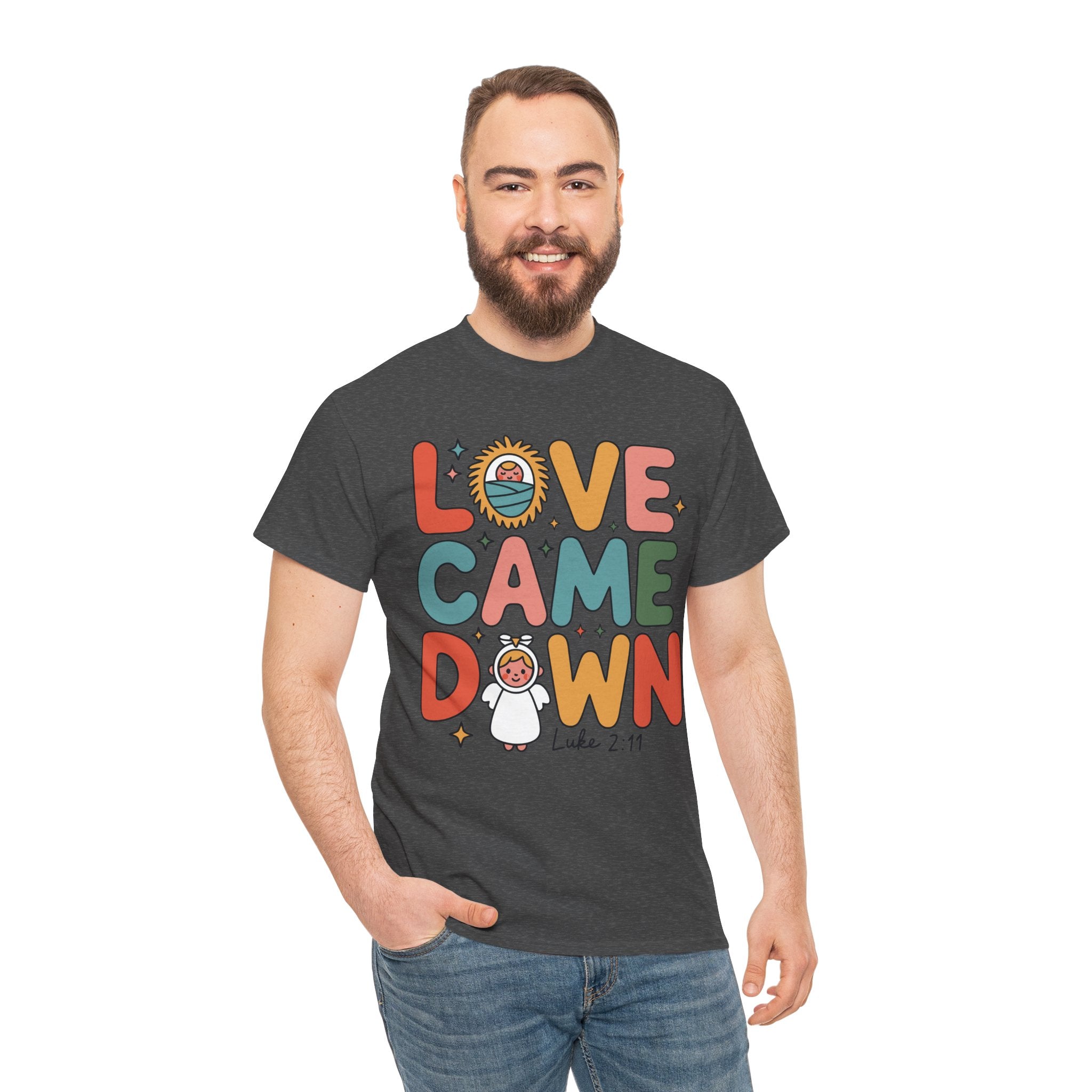 Love Came Down Christmas Tee — Baby Jesus Manger Angel (Luke 2:11)..Unisex Cotton Tee