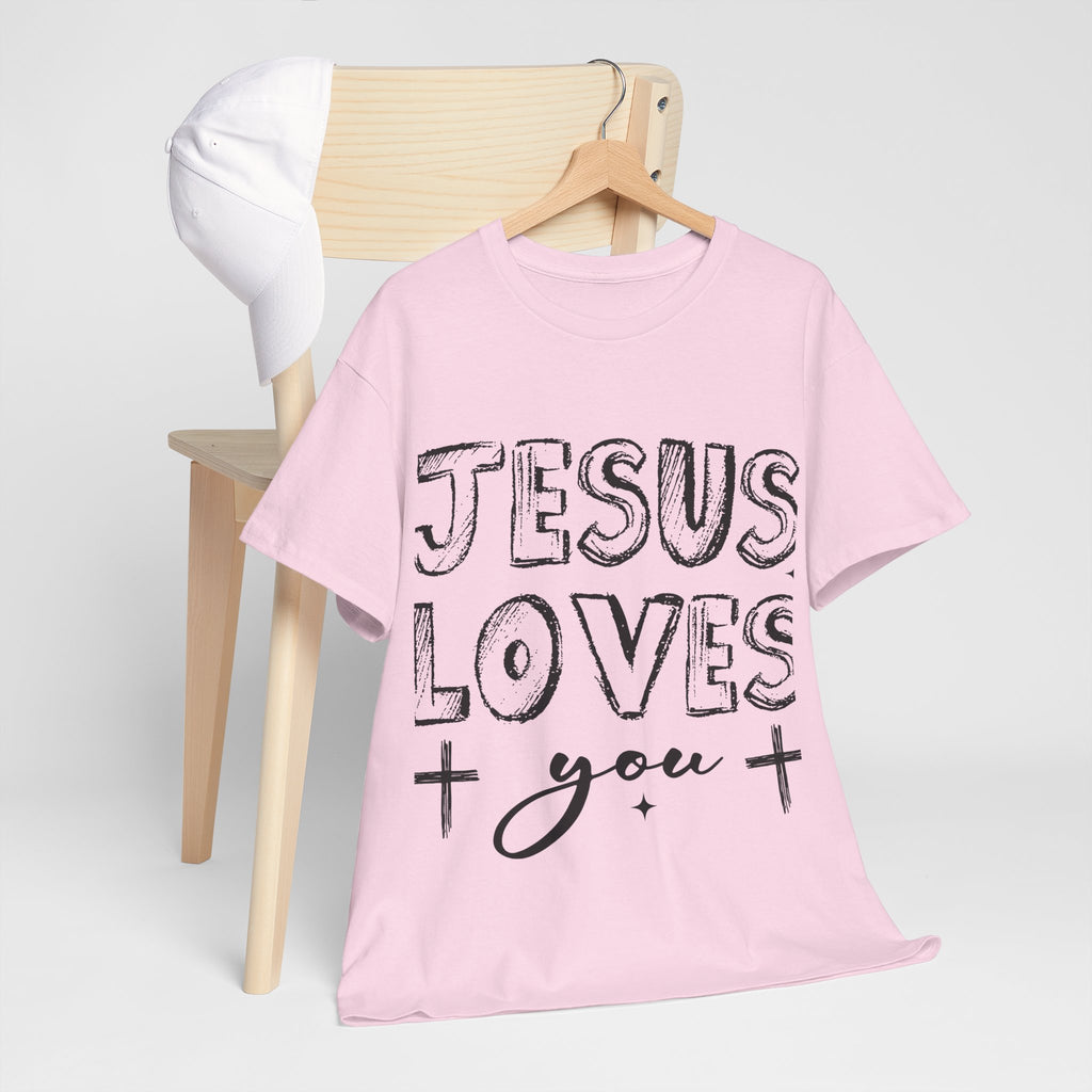 Jesus Loves You Chalk-Style Tee — Crosses & Stars Christian UNisex Cotton T-Shirt