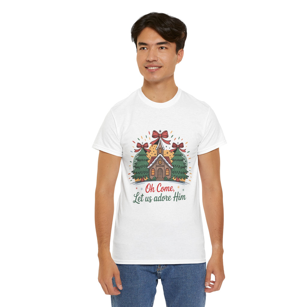 Oh Come Let Us Adore Him Christmas Tee — Church & Trees Holiday Unisex Cotton Tshirt