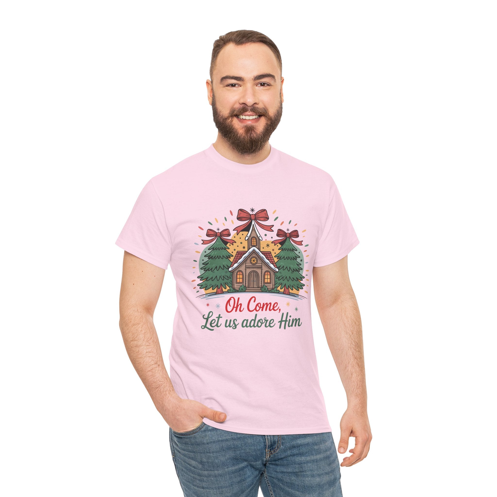 Oh Come Let Us Adore Him Christmas Tee — Church & Trees Holiday Unisex Cotton Tshirt
