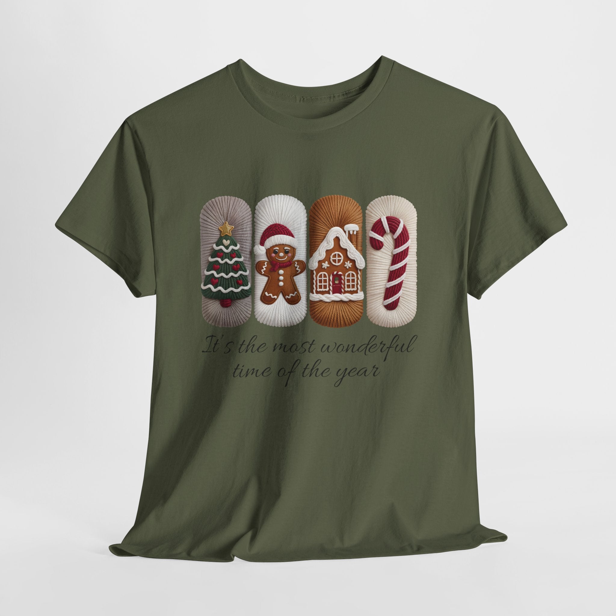 Christmas Faux-Yarn Tree Tee — Gingerbread House & Candy Cane Holiday Unisex Cotton T-Shirt