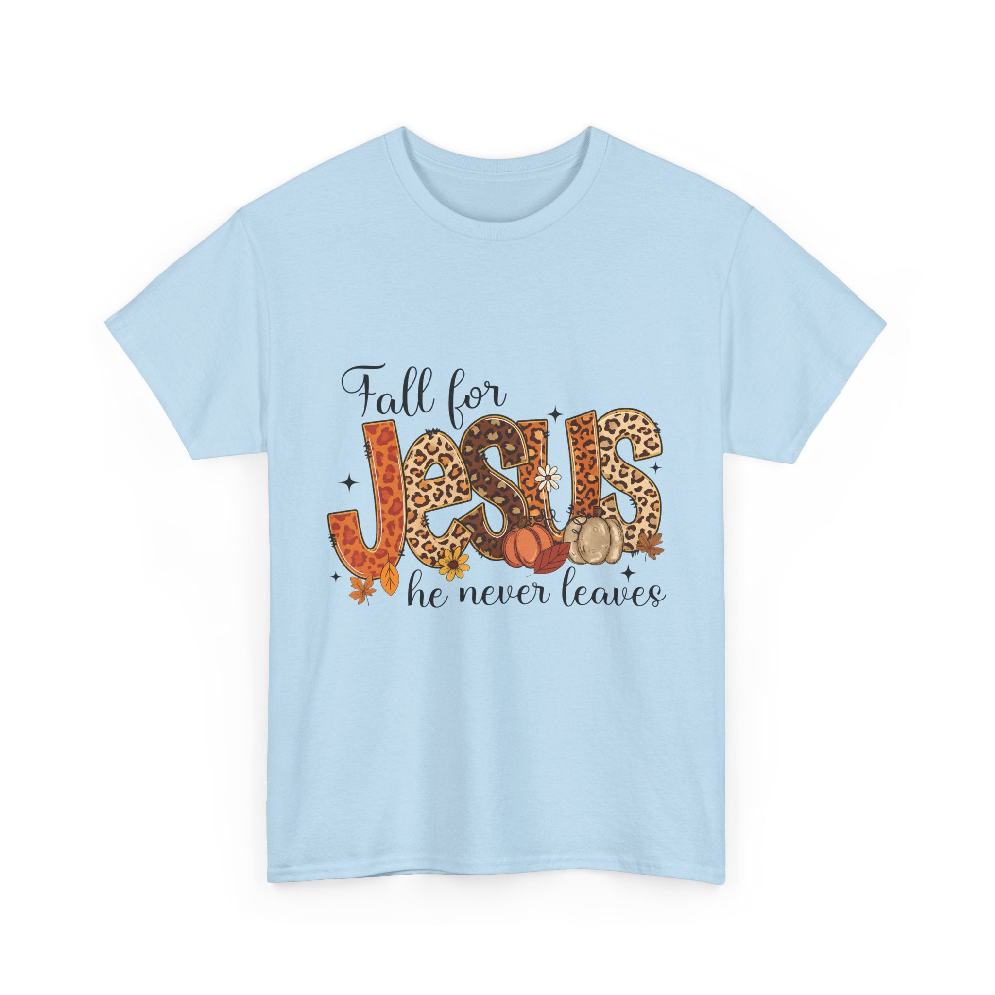 JESUS Leopard Print Fall T-Shirt — Pumpkins, Leaves & Floral Christian Unisex Cotton Tee
