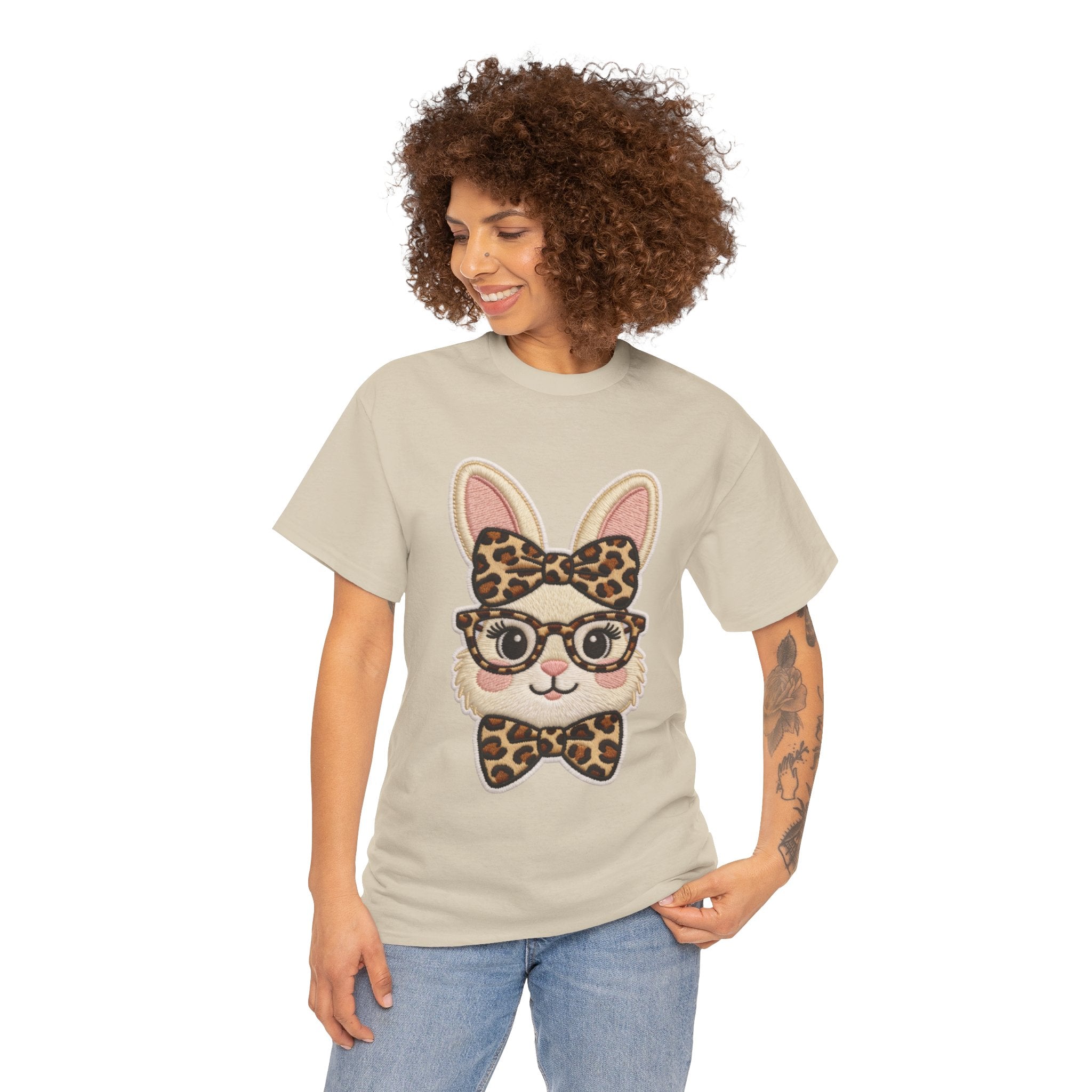 Leopard Bow Bunny Embroidered Tee — Cute Bunny Face with Glasses Patch Unisex Cotton Tee