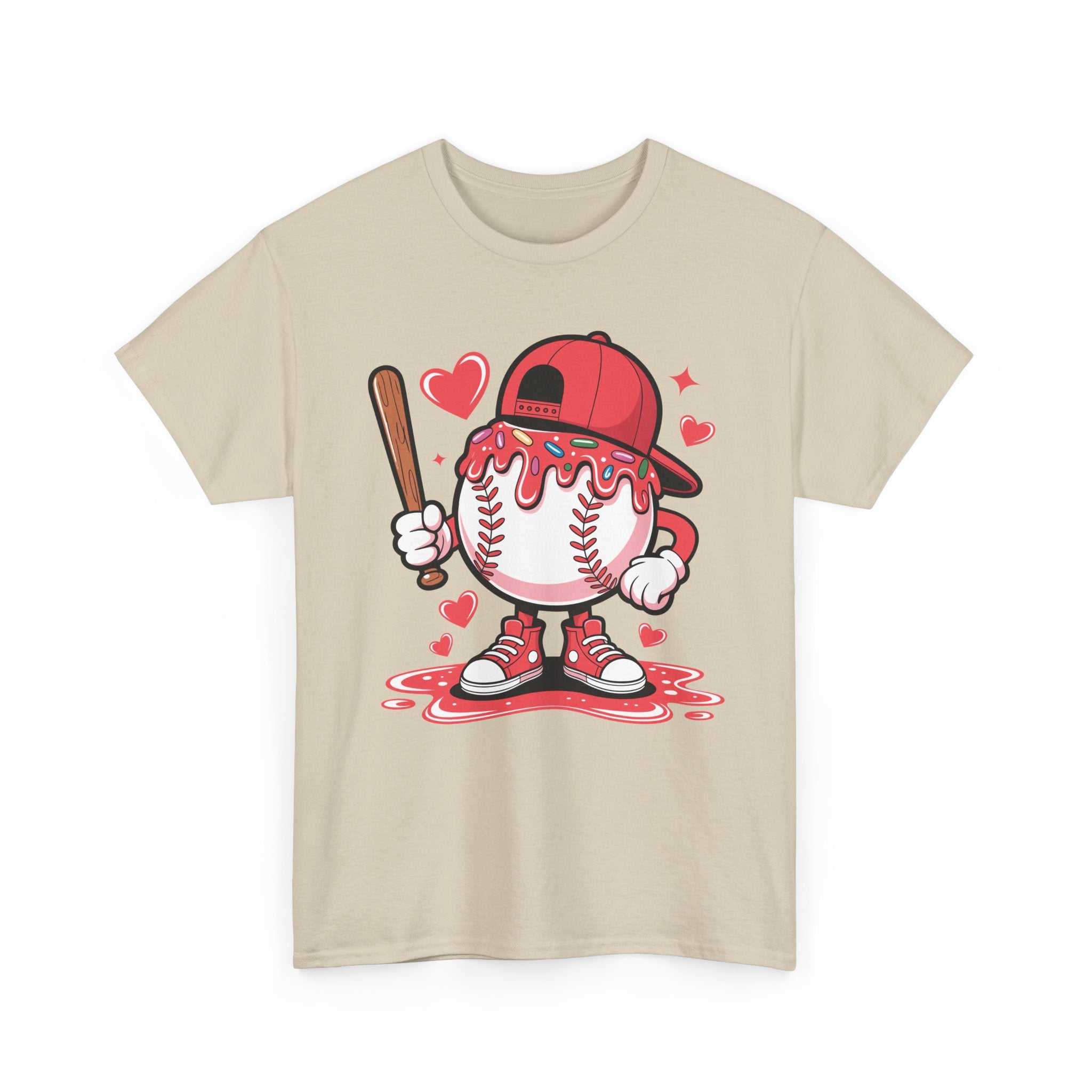 Cute Baseball Character T-Shirt — Red Cap & Icing Top Graphic with Hearts Unisex Cotton Tee