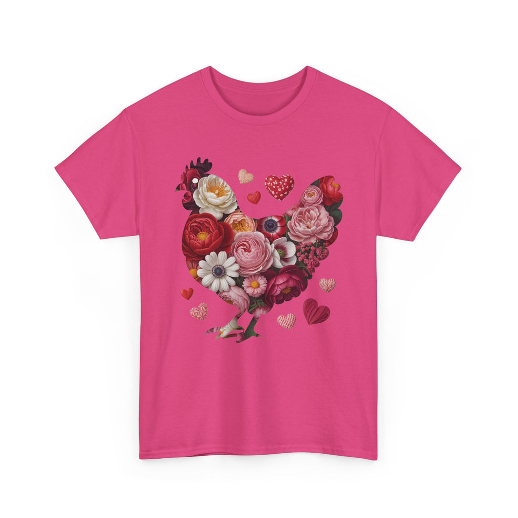 Floral Chicken Heart Tee — Red & Pink Flower Silhouette Unisex Cotton Tee