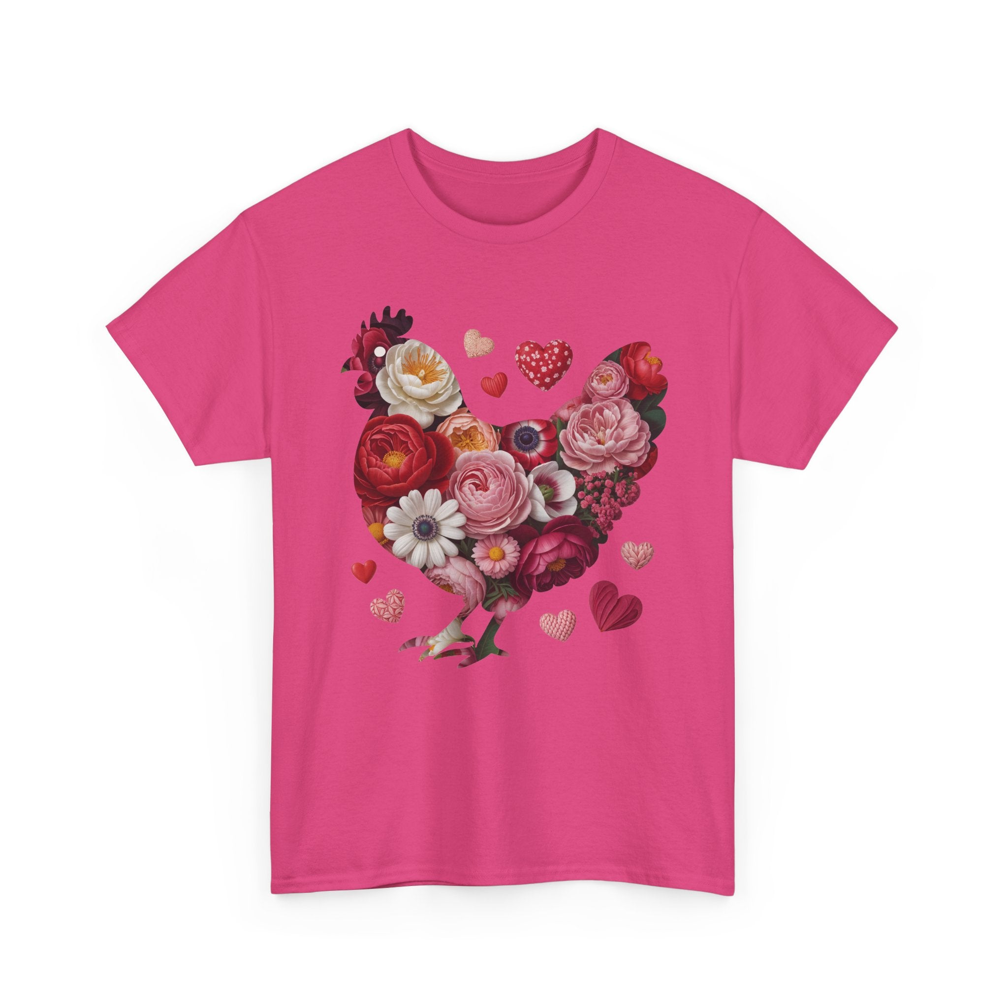 Floral Chicken Heart Tee — Red & Pink Flower Silhouette Unisex Cotton Tee