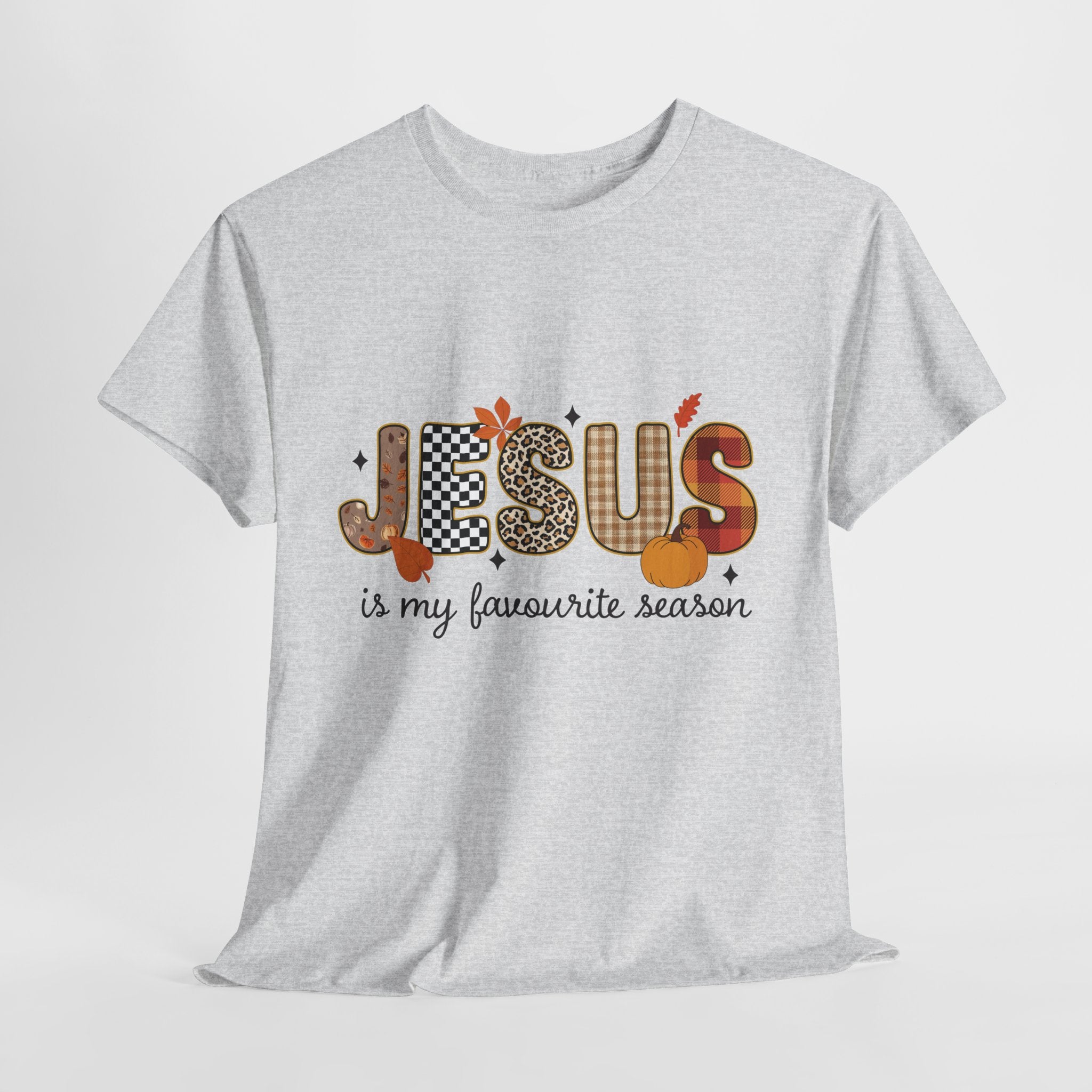 Jesus Is My Favorite Season Tee — Autumn Plaid & Leopard Lettering Unisex Cotton Tee