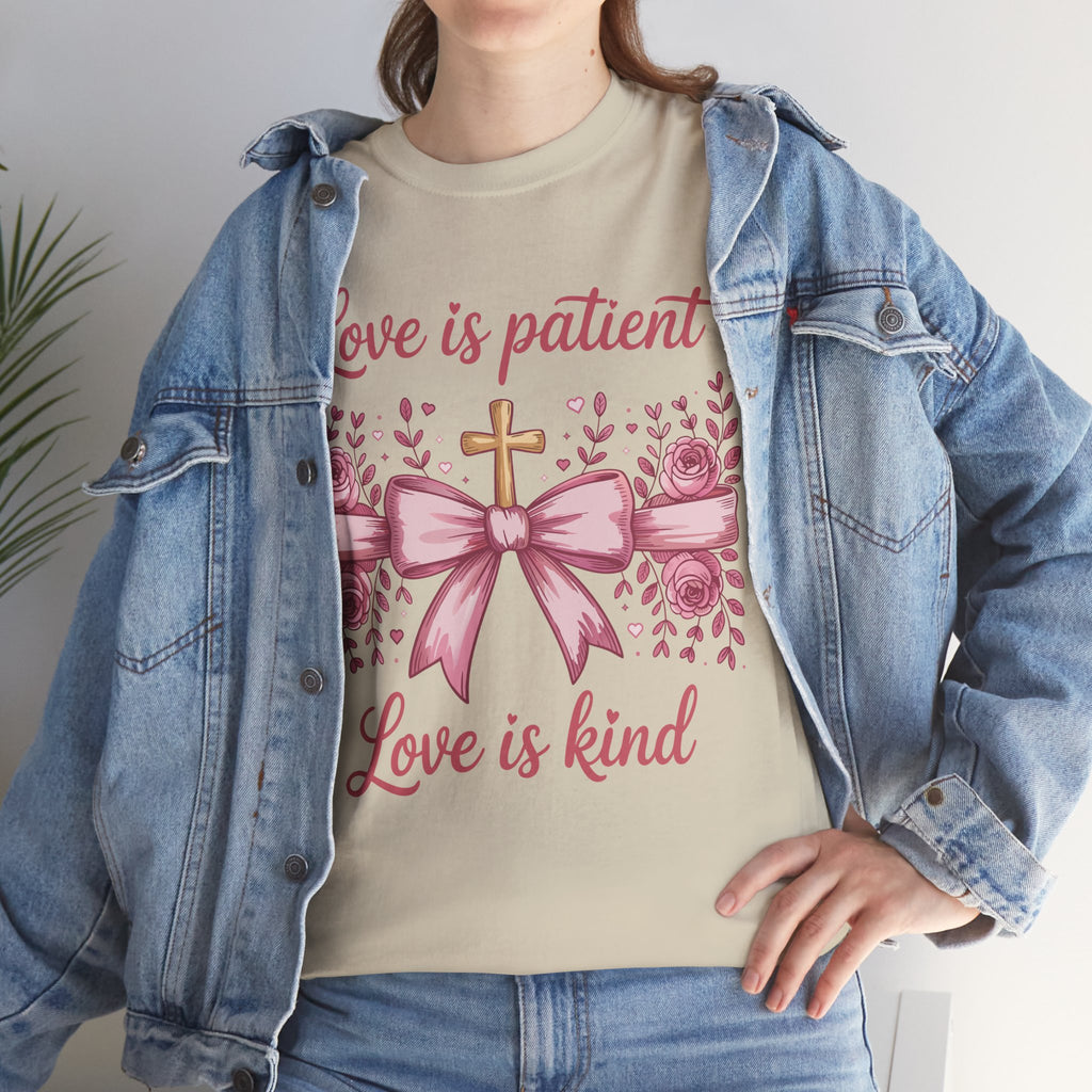 Christian Floral Tee — "Love is Patient, Love is Kind" Pink Rose Cross. Unisex Cotton Tee