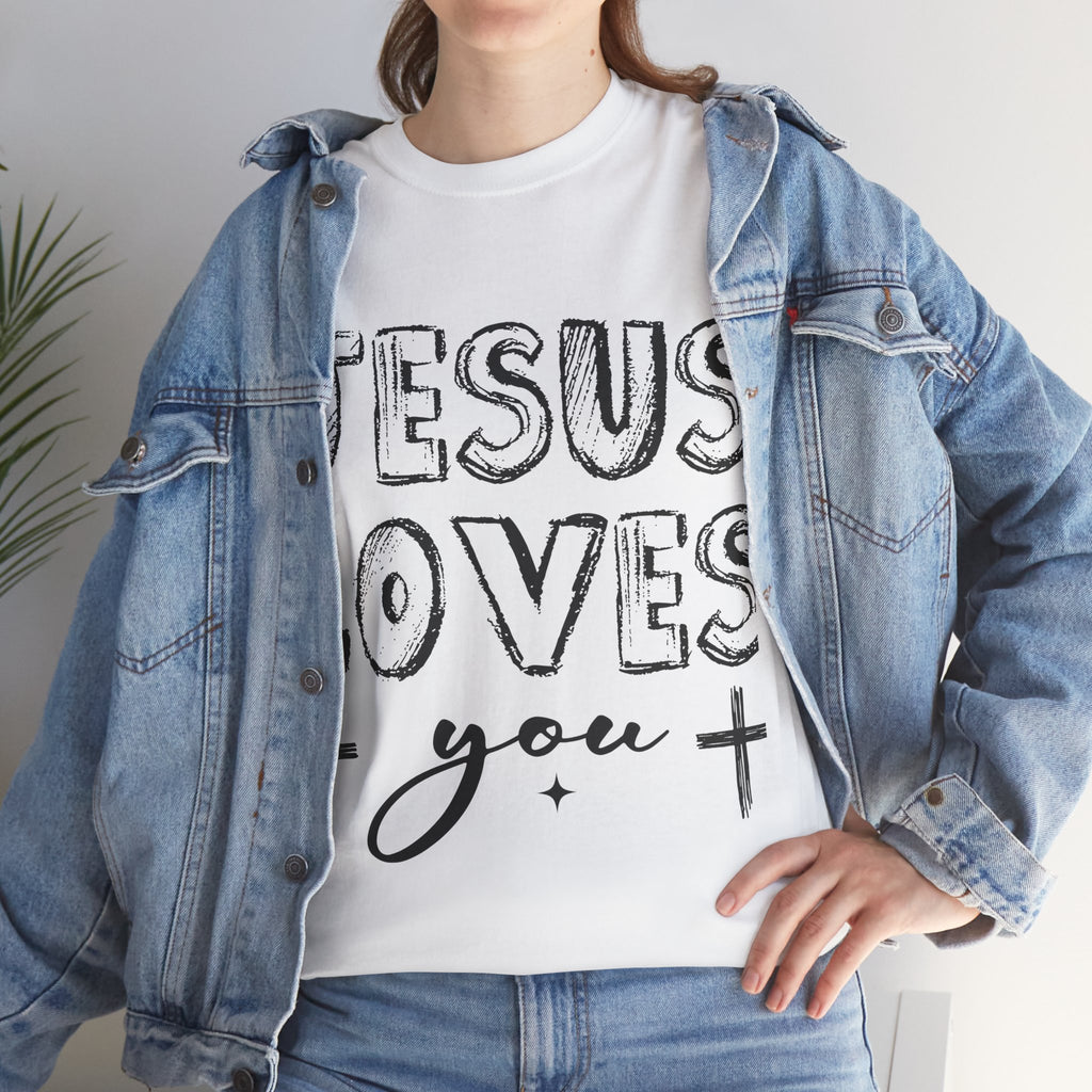 Jesus Loves You Chalk-Style Tee — Crosses & Stars Christian UNisex Cotton T-Shirt
