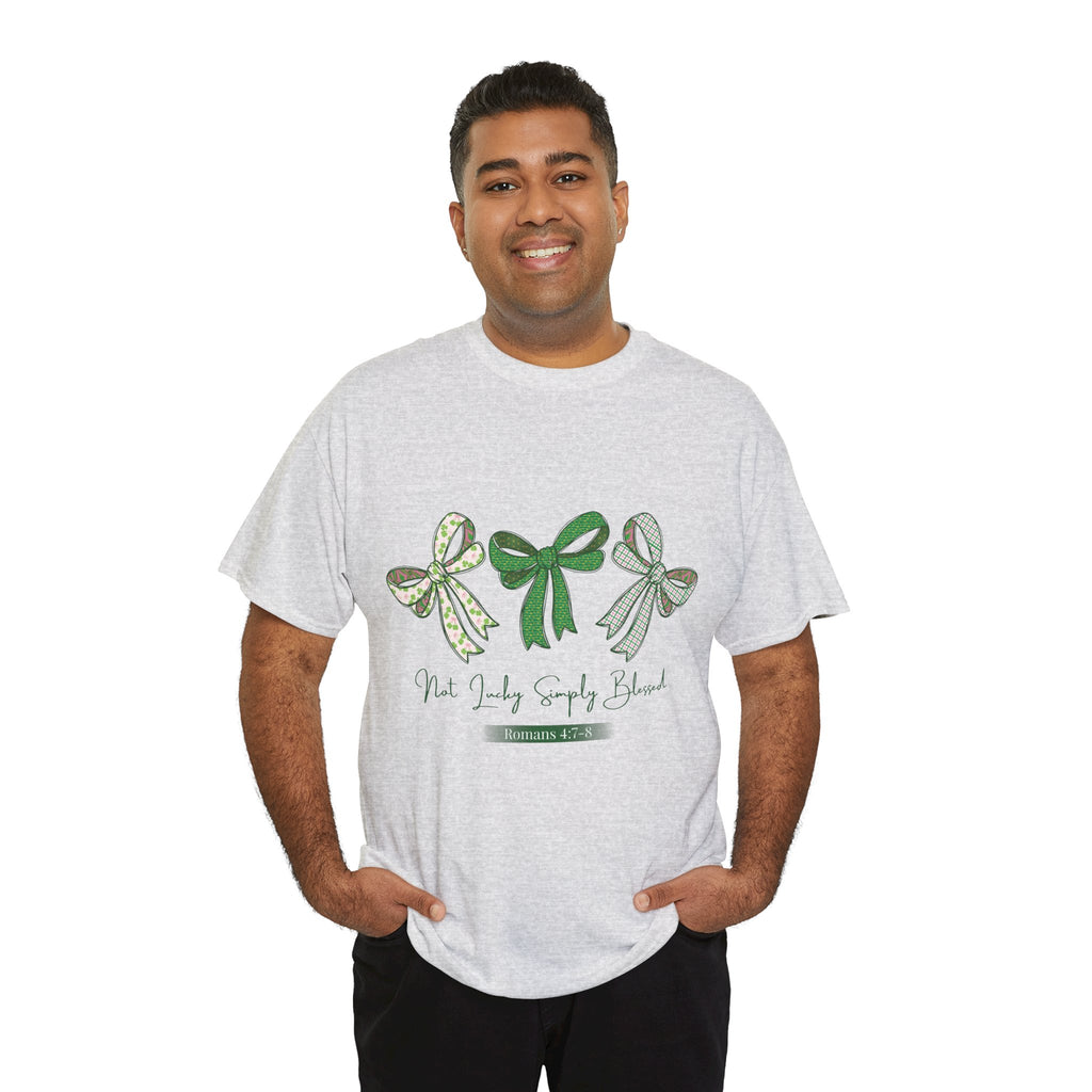 Not Lucky Simply Blessed Tee — Romans 4:7-8 Green Bow Christian Unisex Cotton T-Shirt