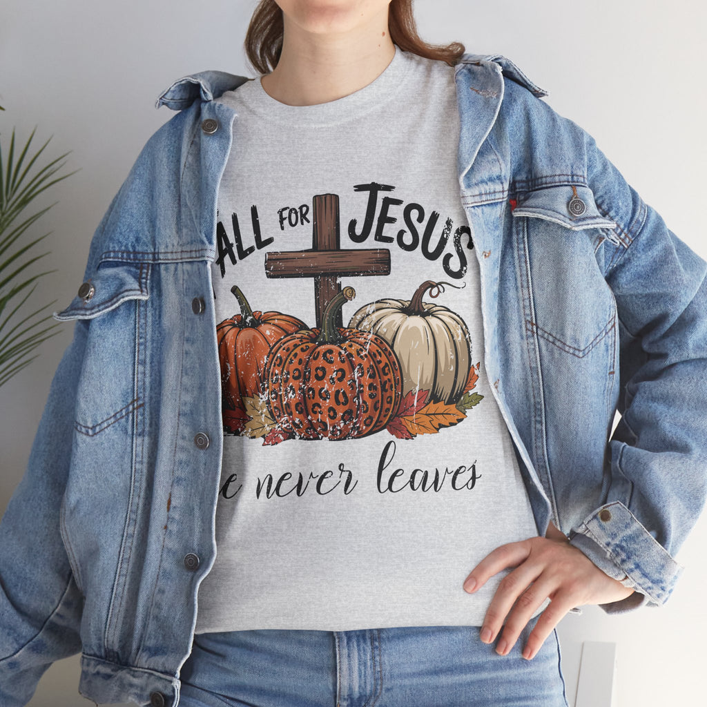 Fall for Jesus Pumpkin Cross Tee — "He Never Leaves" Autumn Christian Unisex Cotton T-Shirt