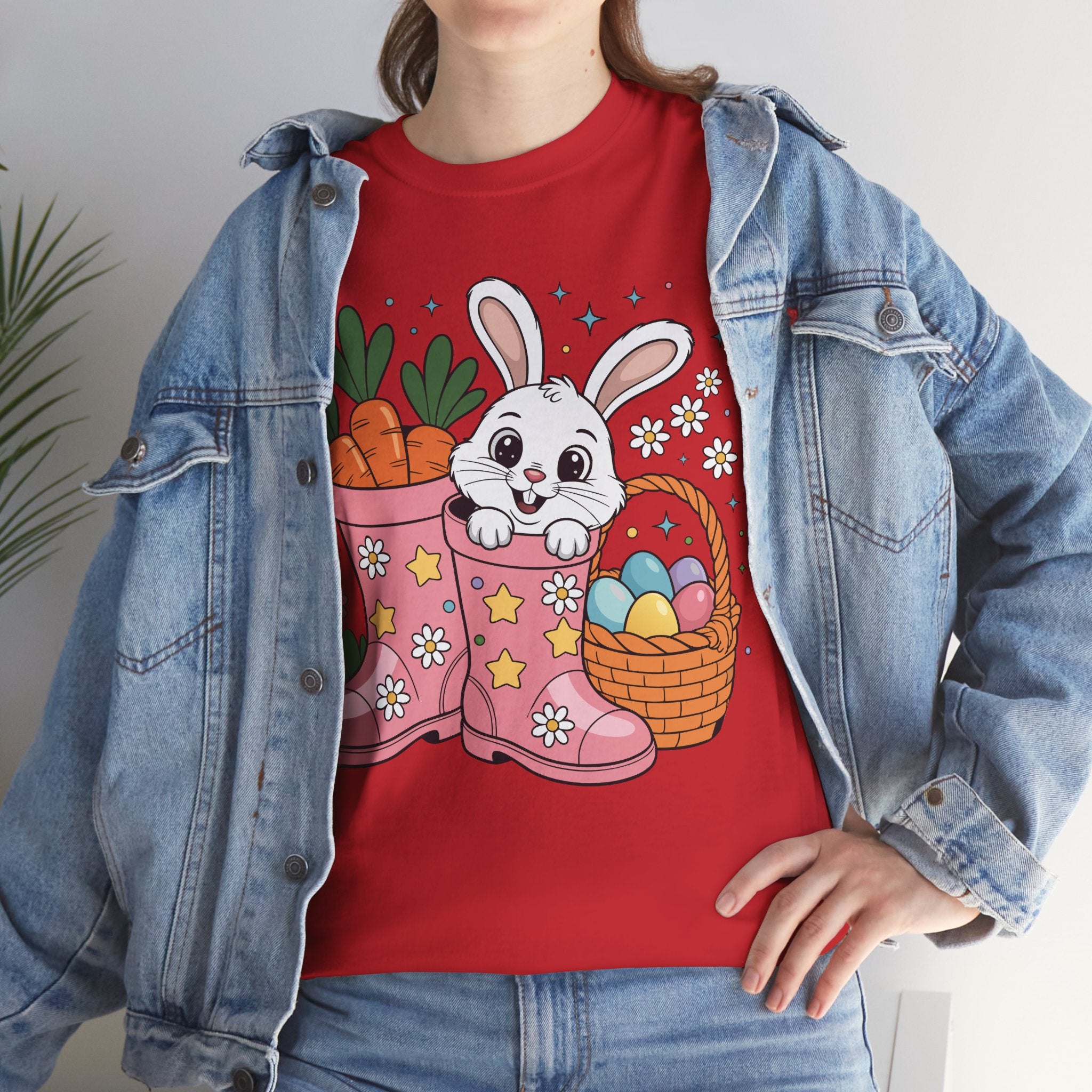 Easter Bunny in Pink Rain Boots T-Shirt — Cartoon Bunny, Carrots & Colorful Eggs Unisex Cotton Tee