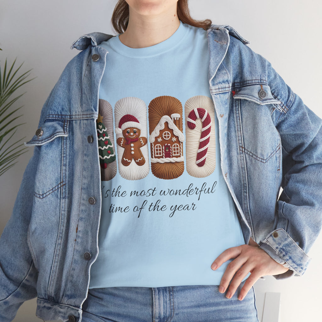 Christmas Faux-Yarn Tree Tee — Gingerbread House & Candy Cane Holiday Unisex Cotton T-Shirt