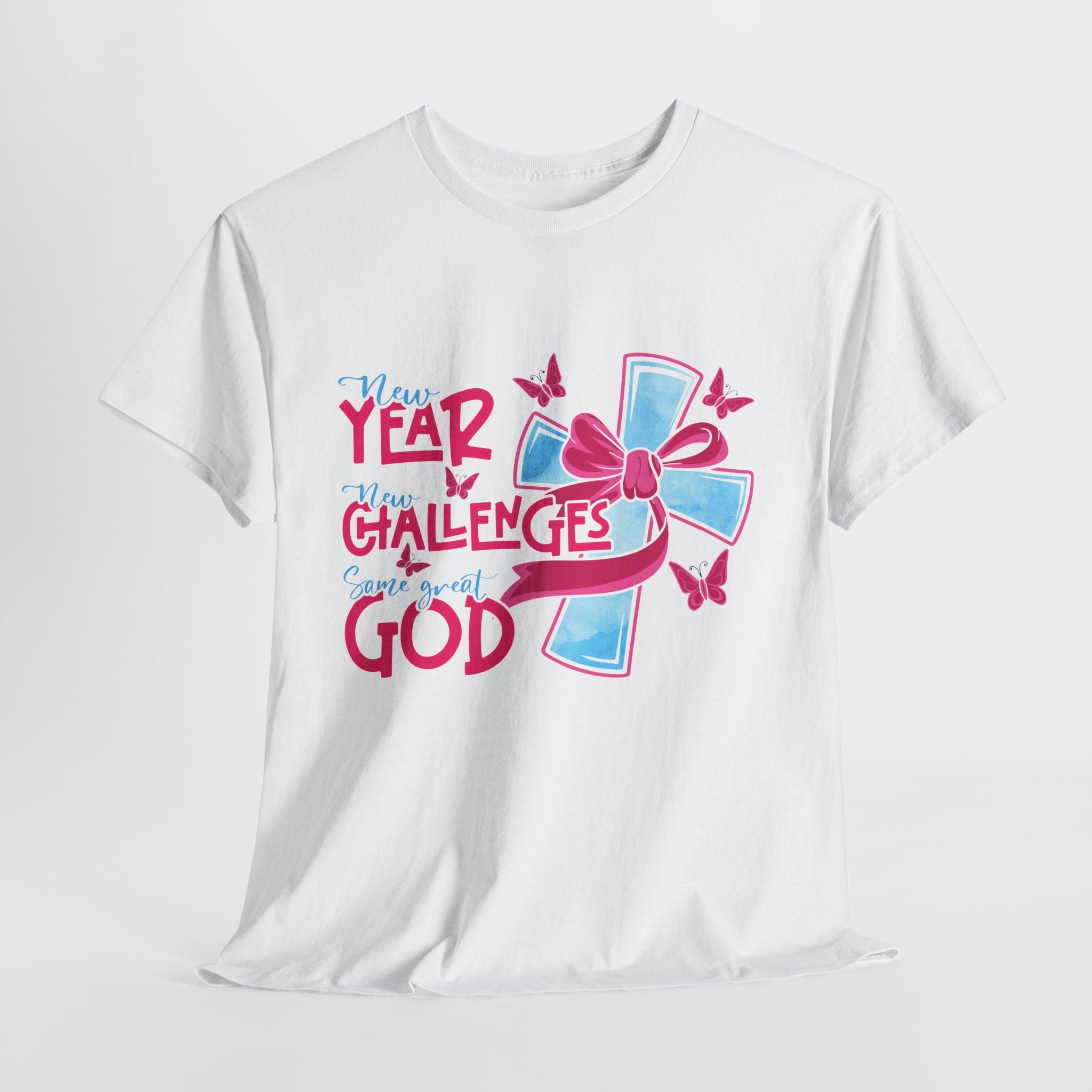 Christian T-Shirt — “New Year, New Challenges, Same Great God” with Pink Bow Cross & Butterflies. Unisex Cotton Tee