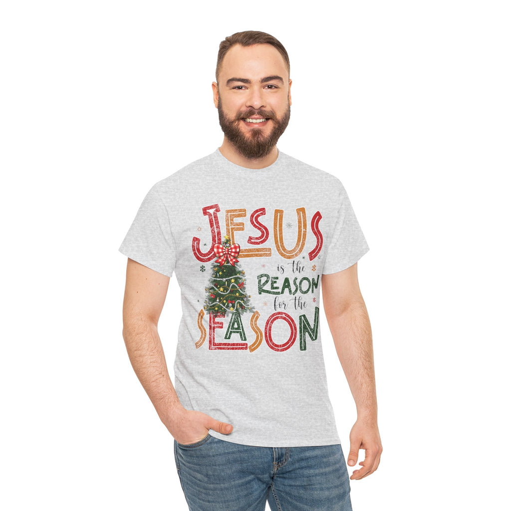 Jesus Is the Reason for the Season Christmas T-Shirt — Plaid Bow Tree..Unisex Cotton Tee