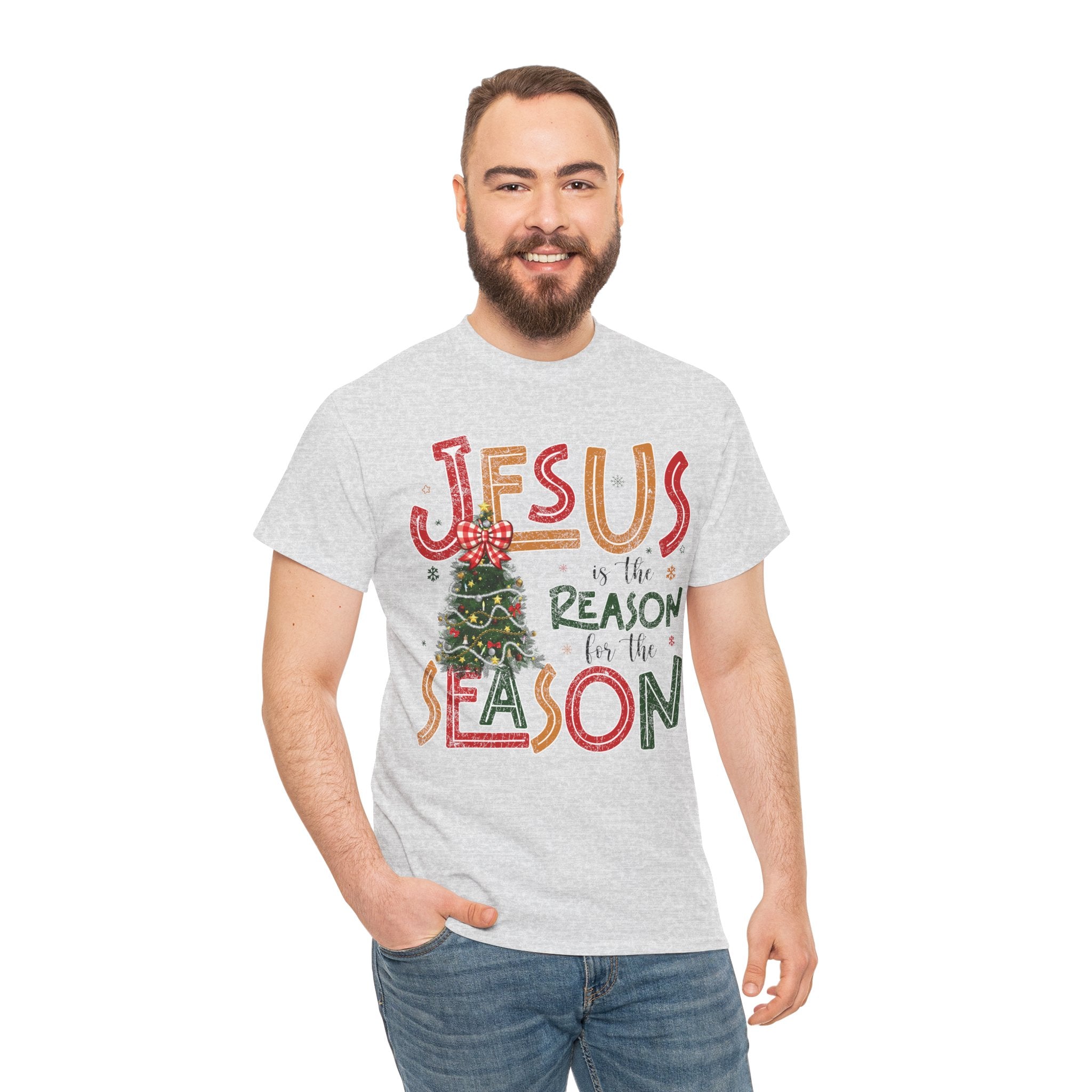 Jesus Is the Reason for the Season Christmas T-Shirt — Plaid Bow Tree..Unisex Cotton Tee