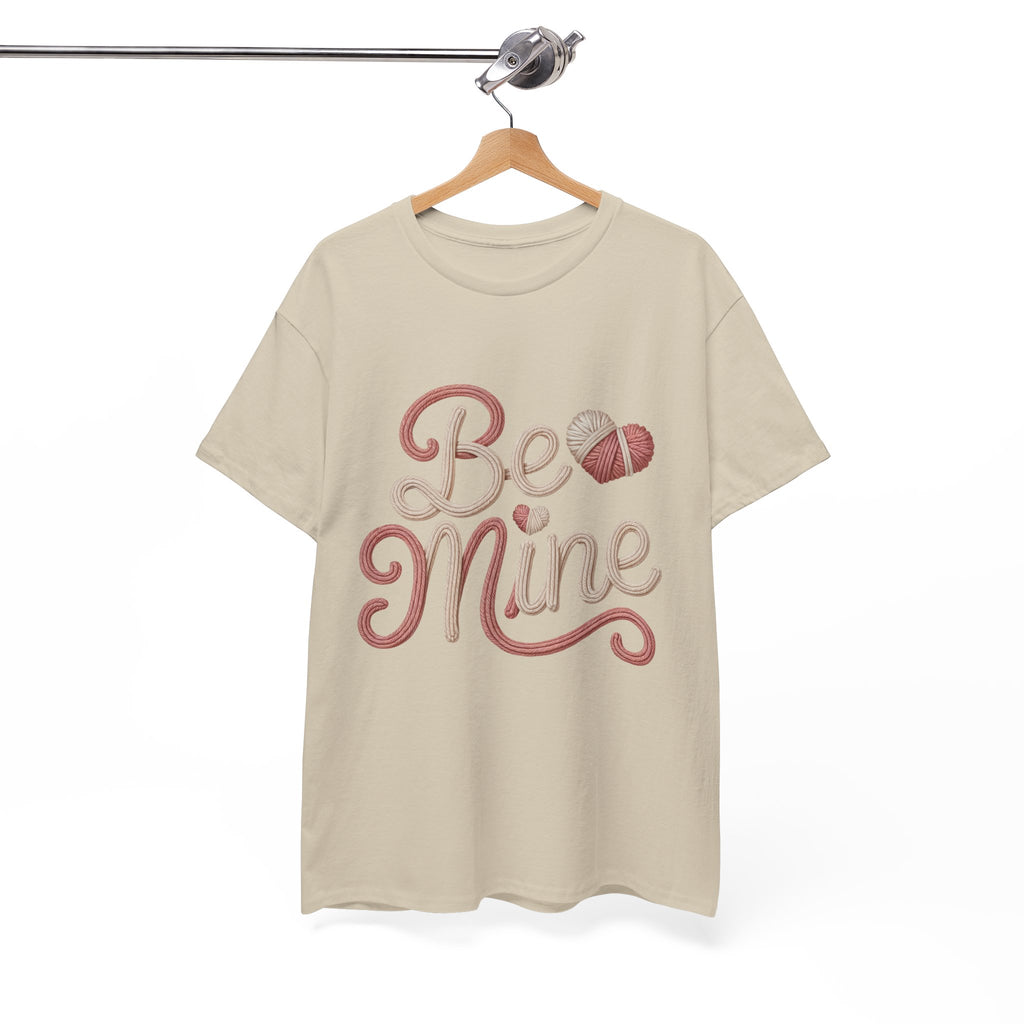 Be Mine Yarn Heart T-Shirt — Valentine’s Faux-Yarn Pink & Cream Unisex Cotton Tee