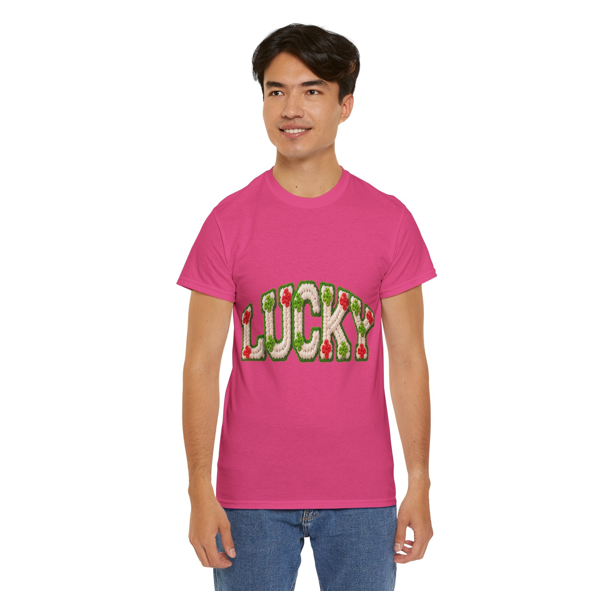 Lucky Crochet Clover T-Shirt — Faux-Yarn Embroidered St. Patrick’s Unisex Cotton Tee