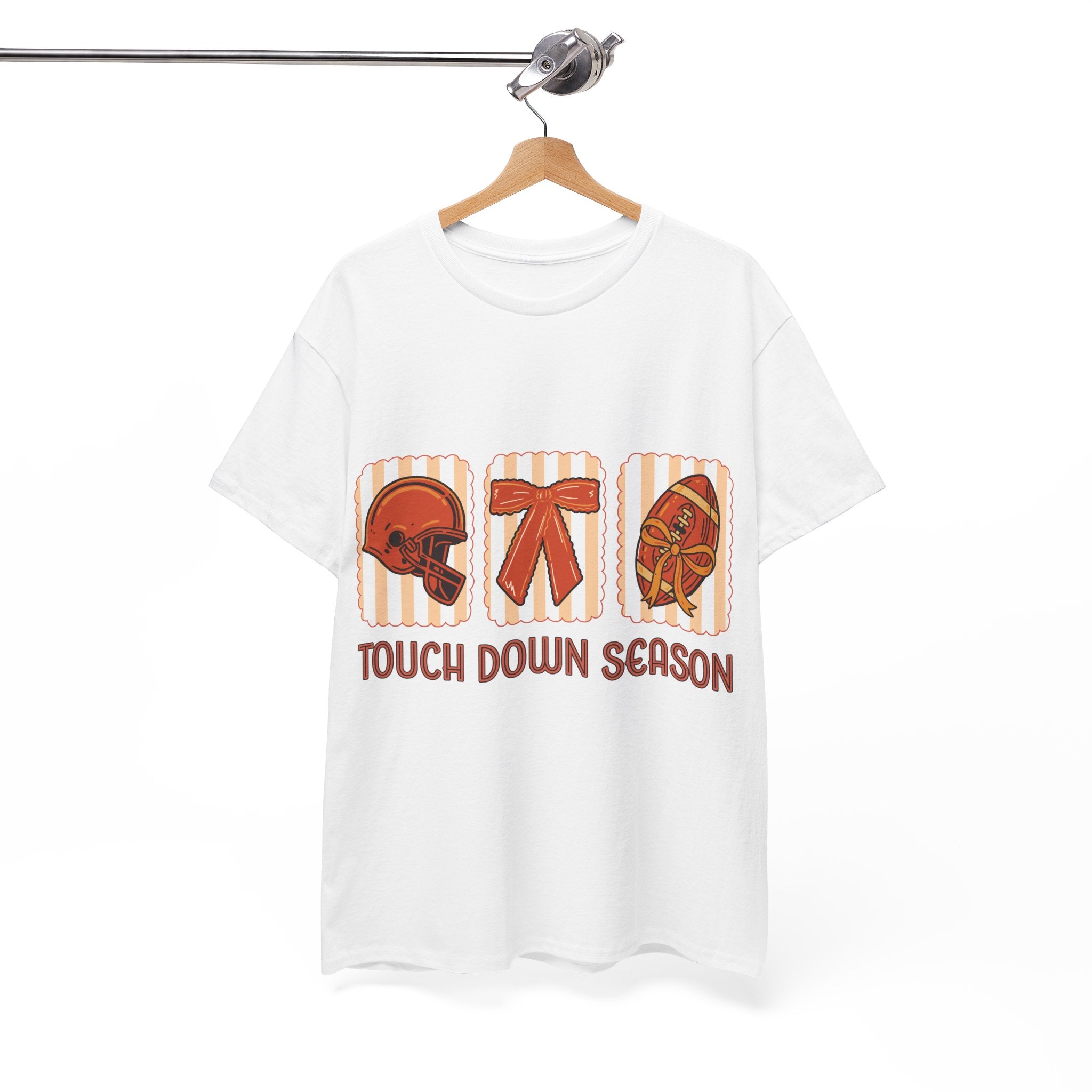 Touch Down Season Football Tee — Striped Fall Helmet & Bow Design Unisex Cotton Tee