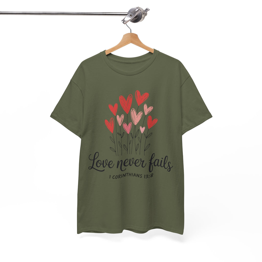Christian Valentine T-Shirt — "Love Never Fails" (1 Corinthians 13:8) Unisex Cotton Tee