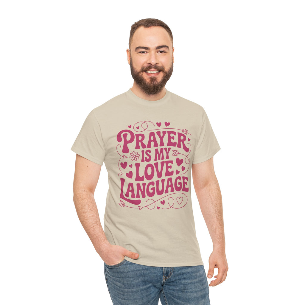 Prayer Is My Love Language Christian Tee — Pastel Pink Hearts Unisex Cotton Tee