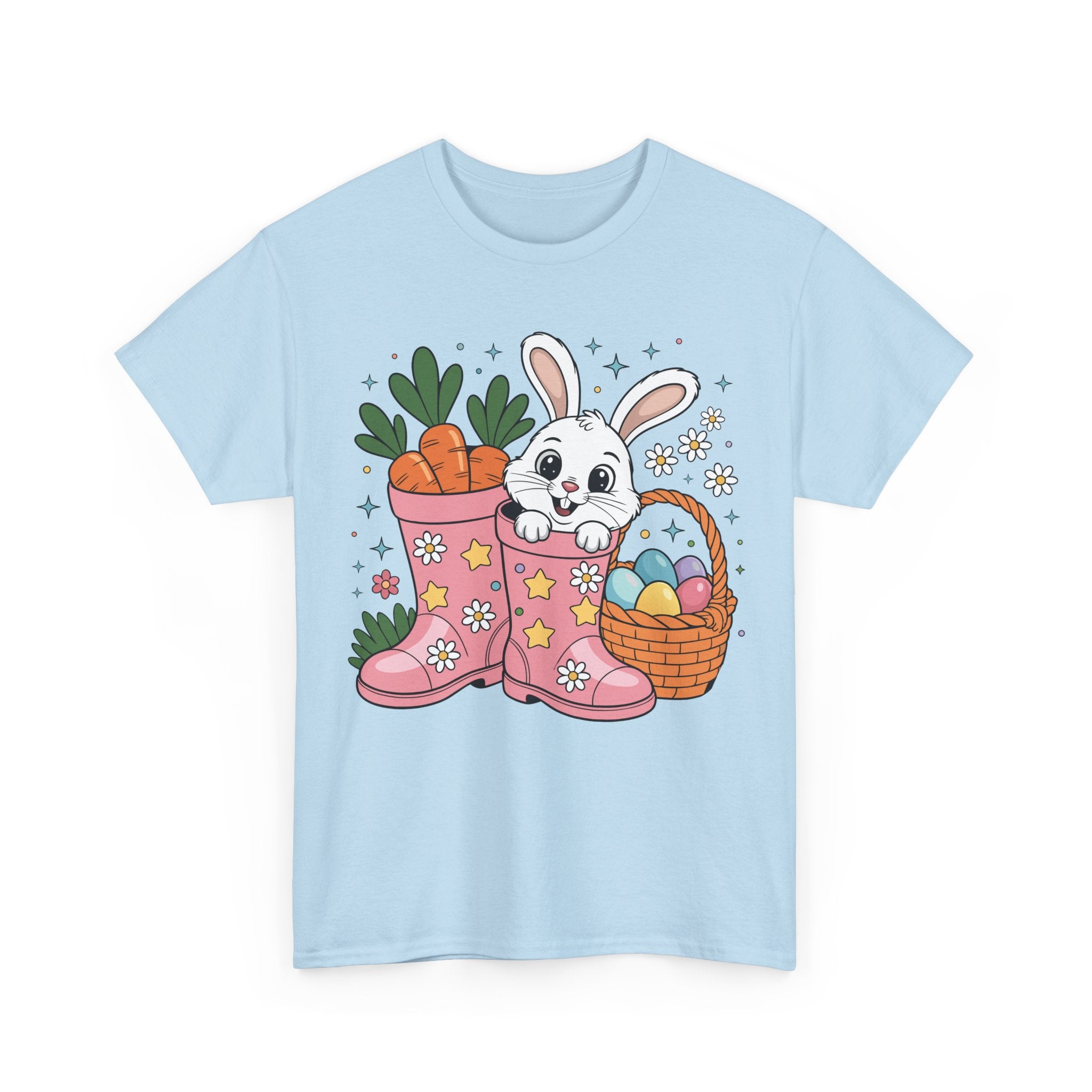 Easter Bunny in Pink Rain Boots T-Shirt — Cartoon Bunny, Carrots & Colorful Eggs Unisex Cotton Tee
