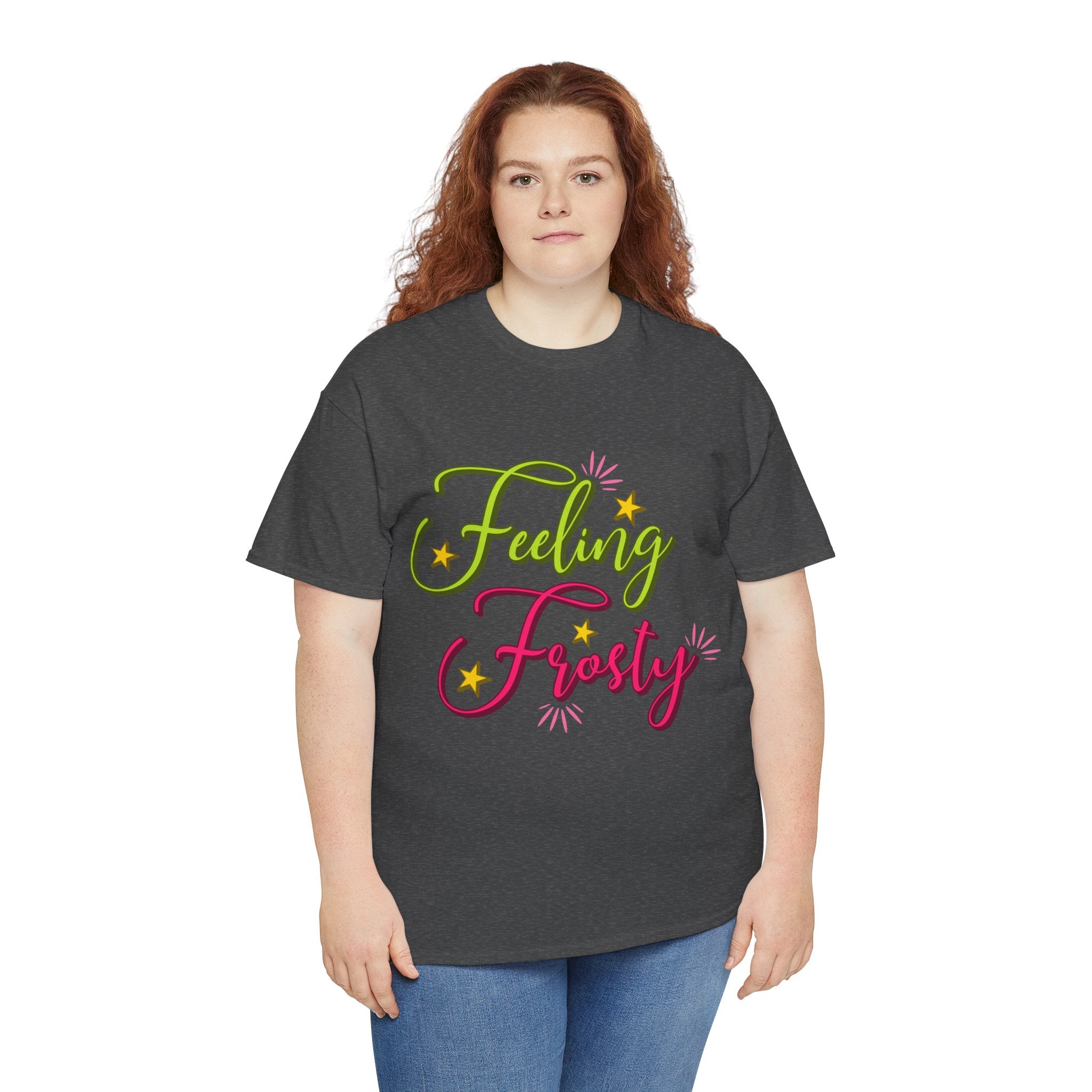 Feeling Frosty Holiday T-Shirt — Green & Pink Script Stars.Unisex Cotton Tee