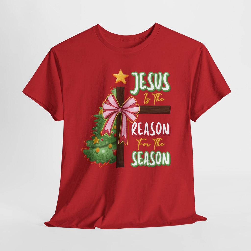Jesus Is the Reason for the Season Christmas Tee — Cross with Pink Bow & Tree. Unisex Cotton Tee