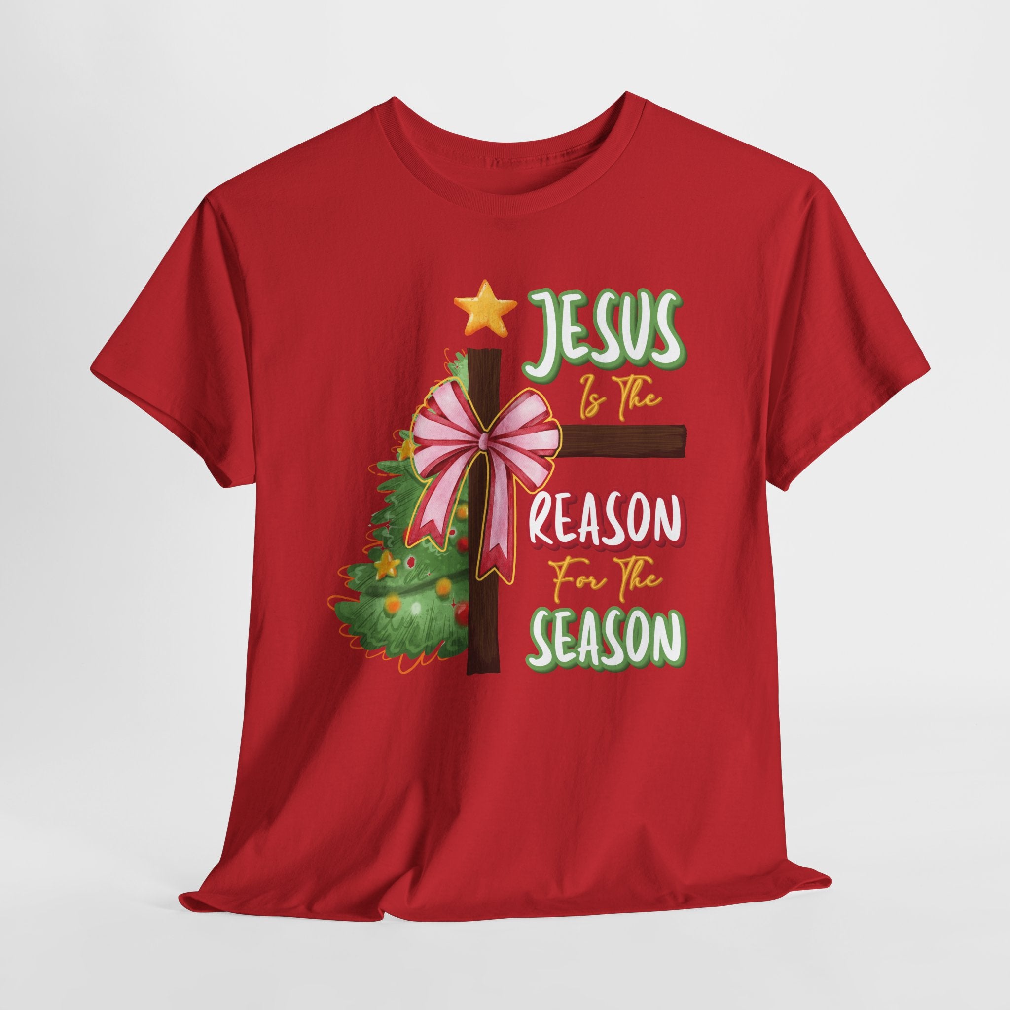 Jesus Is the Reason for the Season Christmas Tee — Cross with Pink Bow & Tree. Unisex Cotton Tee