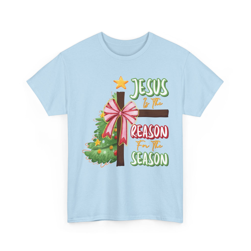Jesus Is the Reason for the Season Christmas Tee — Cross with Pink Bow & Tree. Unisex Cotton Tee