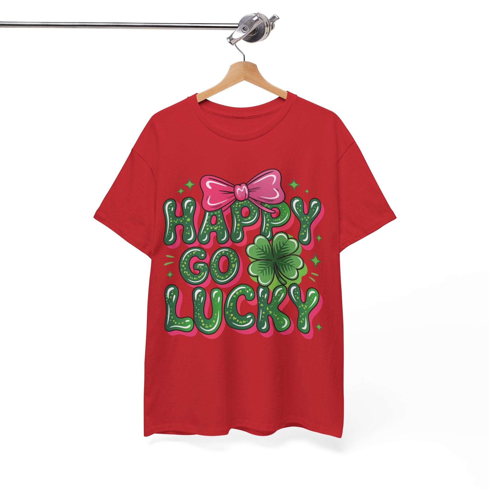 Happy Go Lucky Four-Leaf Clover Tee — Glossy Green Letters & Pink Bow Unisex Cotton Tee
