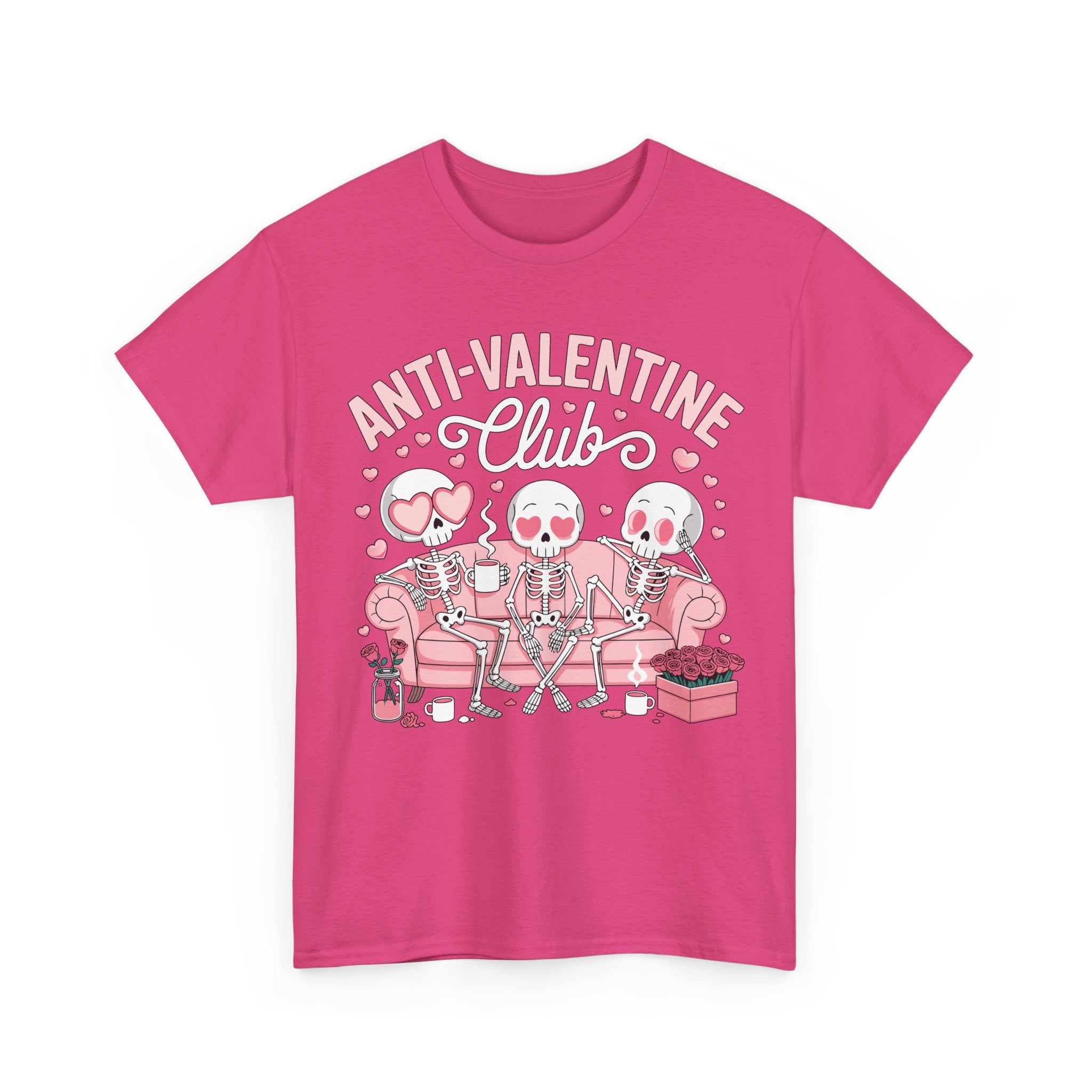 Anti-Valentine Club Skeleton Tee — Anti-Romance Pink Couch Graphic Unisex Cotton T-Shirt