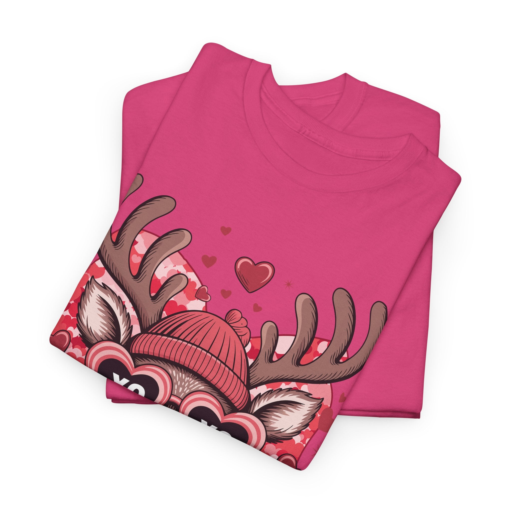 Valentine Deer Tee — Cute XO Heart Glasses, Beanie & Scarf Unisex Cotton Tshirt