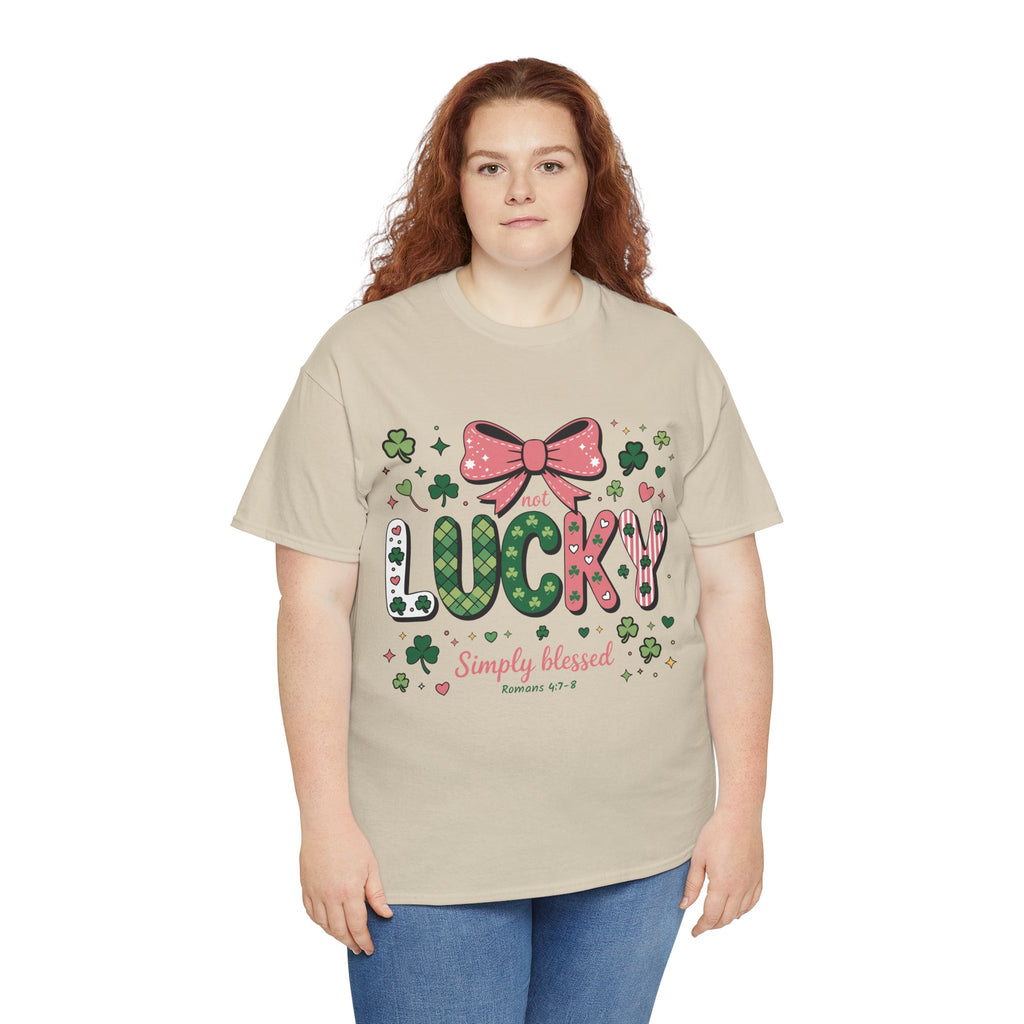 Simply Blessed Tee — “Not Lucky, Simply Blessed” with Pastel Bow, Clovers & Romans 4:7-8 Unisex Cotton Tee