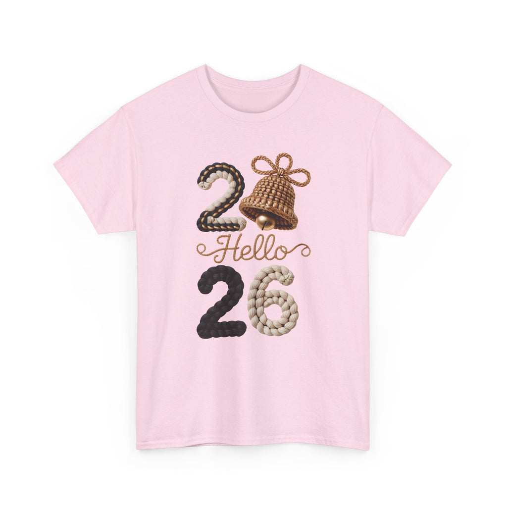 Hello 2026 Tee — Cozy Faux Yarn Braided Numbers with Woven Golden Bell..Unisex Cotton Tee