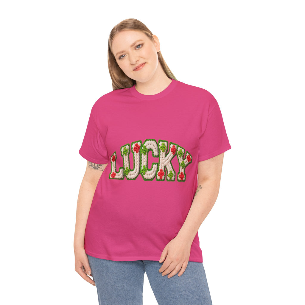 Lucky Crochet Clover T-Shirt — Faux-Yarn Embroidered St. Patrick’s Unisex Cotton Tee