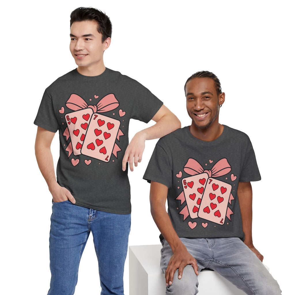 6 & 7 of Hearts T-Shirt — Paired Playing Cards with Pink Bow Unisex Cotton Tee