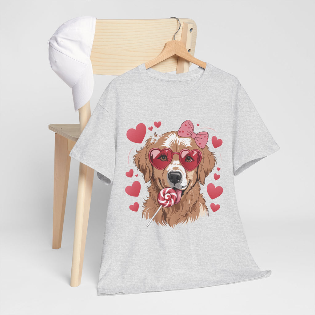 Valentine Dog T-Shirt — Cute Pup with Heart Glasses, Pink Bow & Lollipop..Unisex Cotton Tee