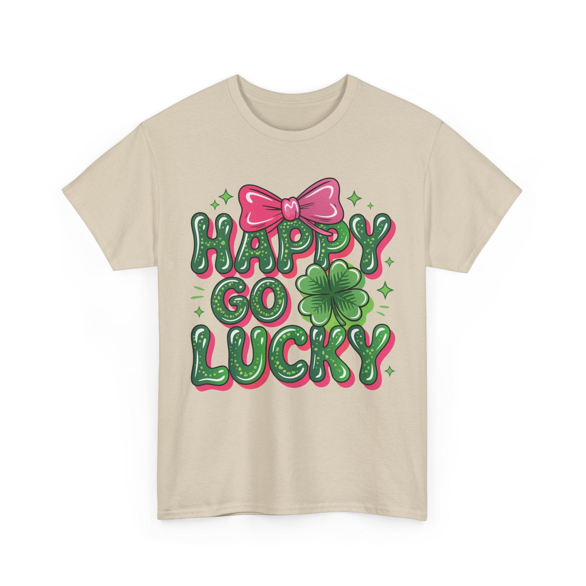 Happy Go Lucky Four-Leaf Clover Tee — Glossy Green Letters & Pink Bow Unisex Cotton Tee