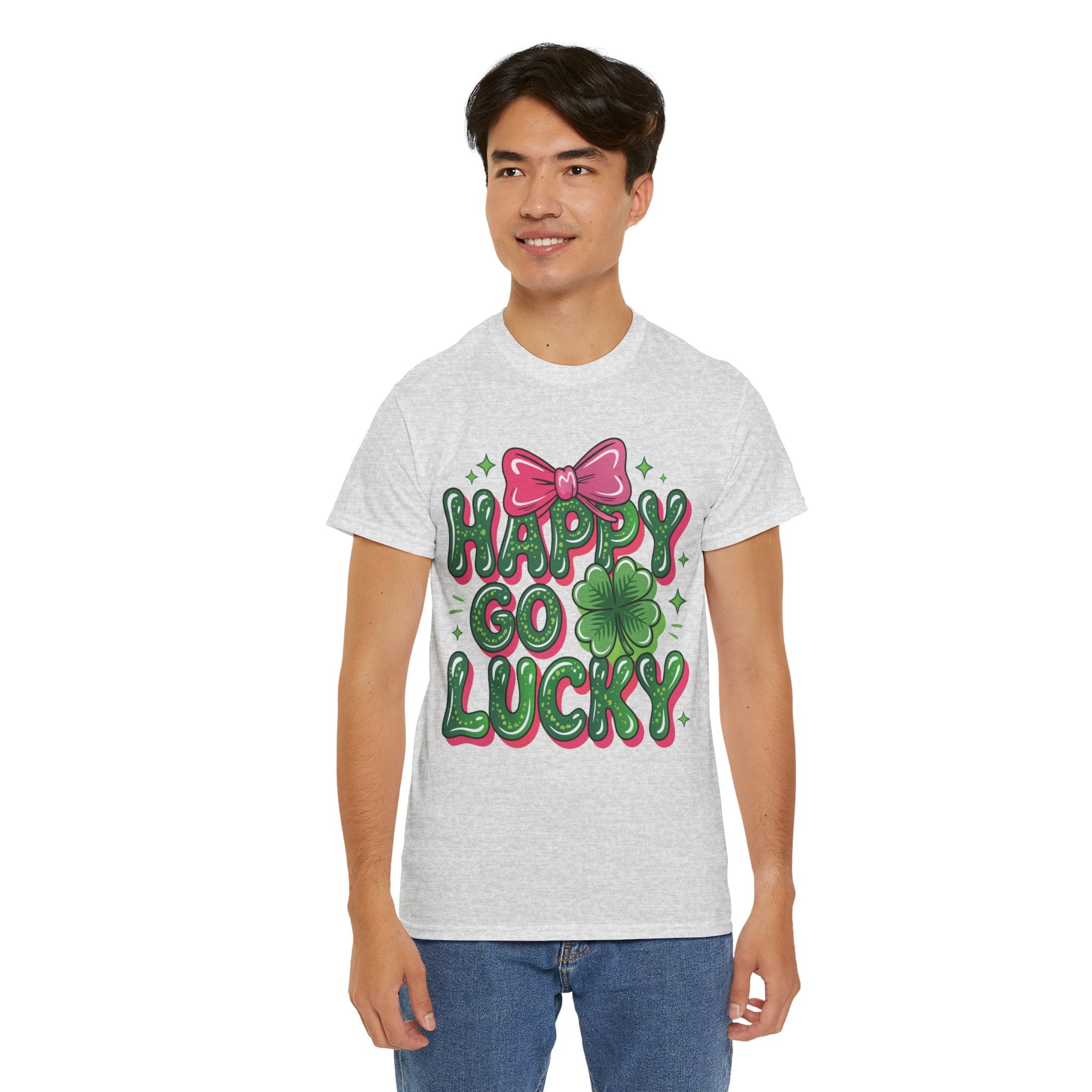 Happy Go Lucky Four-Leaf Clover Tee — Glossy Green Letters & Pink Bow Unisex Cotton Tee