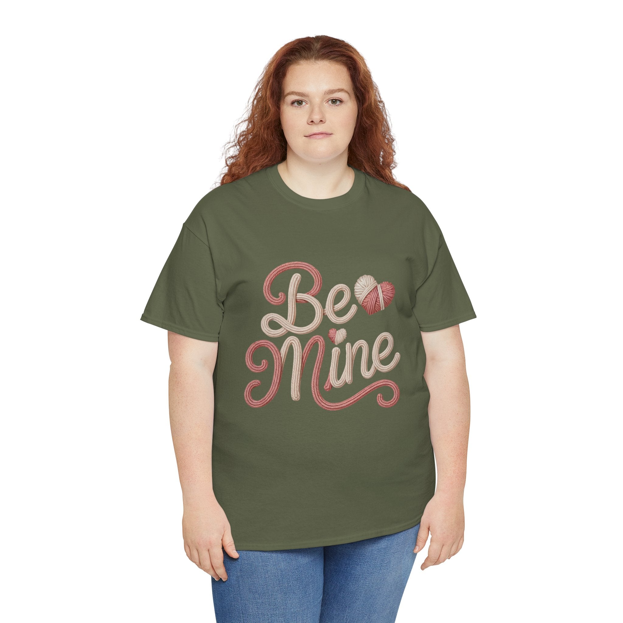 Be Mine Yarn Heart T-Shirt — Valentine’s Faux-Yarn Pink & Cream Unisex Cotton Tee