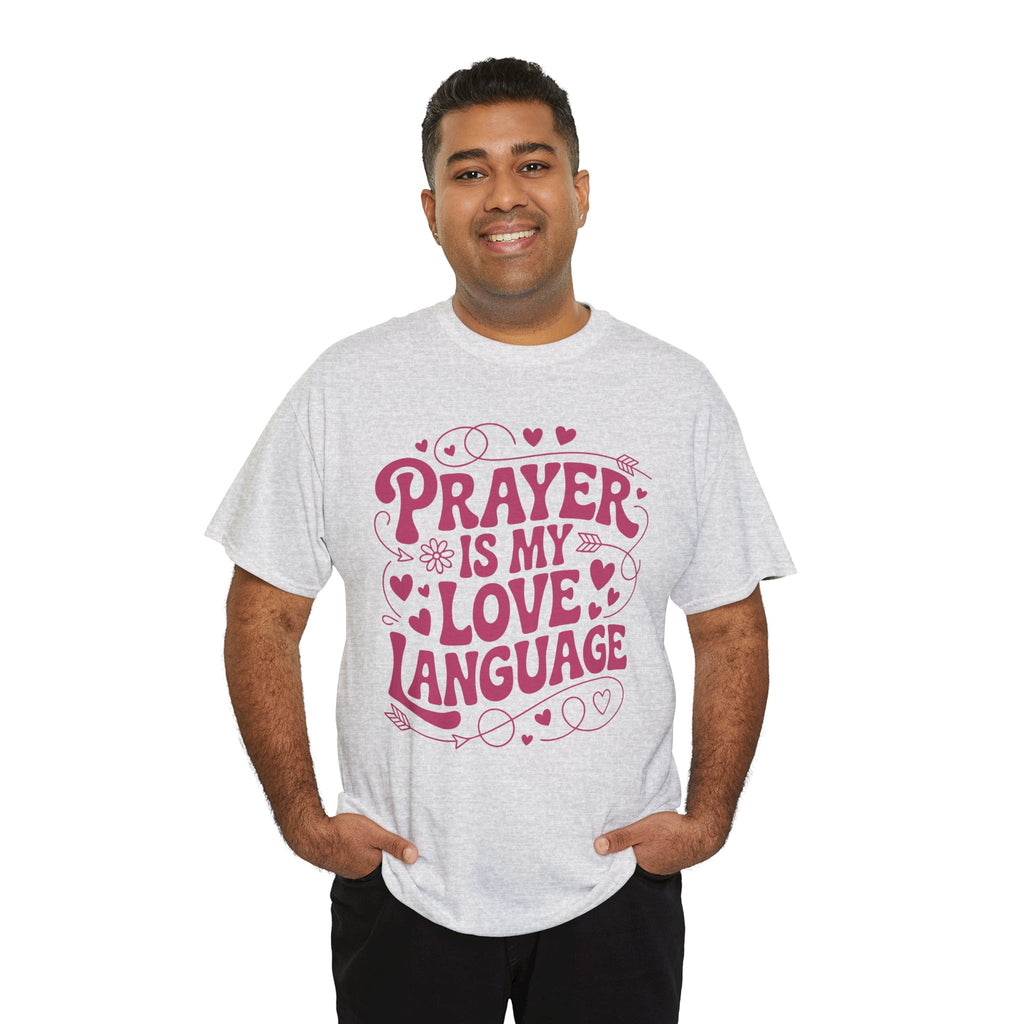Prayer Is My Love Language Christian Tee — Pastel Pink Hearts Unisex Cotton Tee