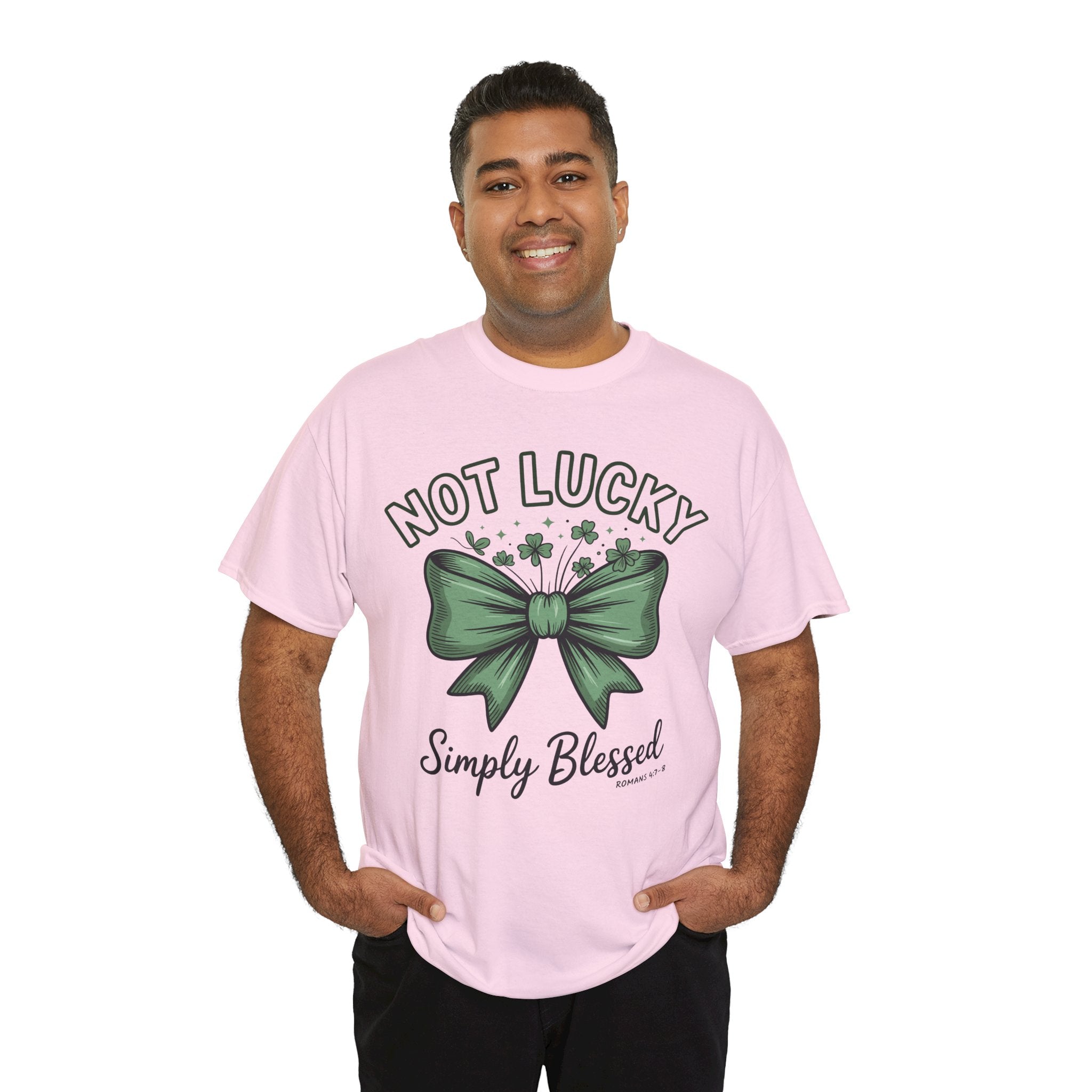 Not Lucky, Simply Blessed T-Shirt — Green Bow & Clovers St. Patrick’s Unisex Cotton Tee