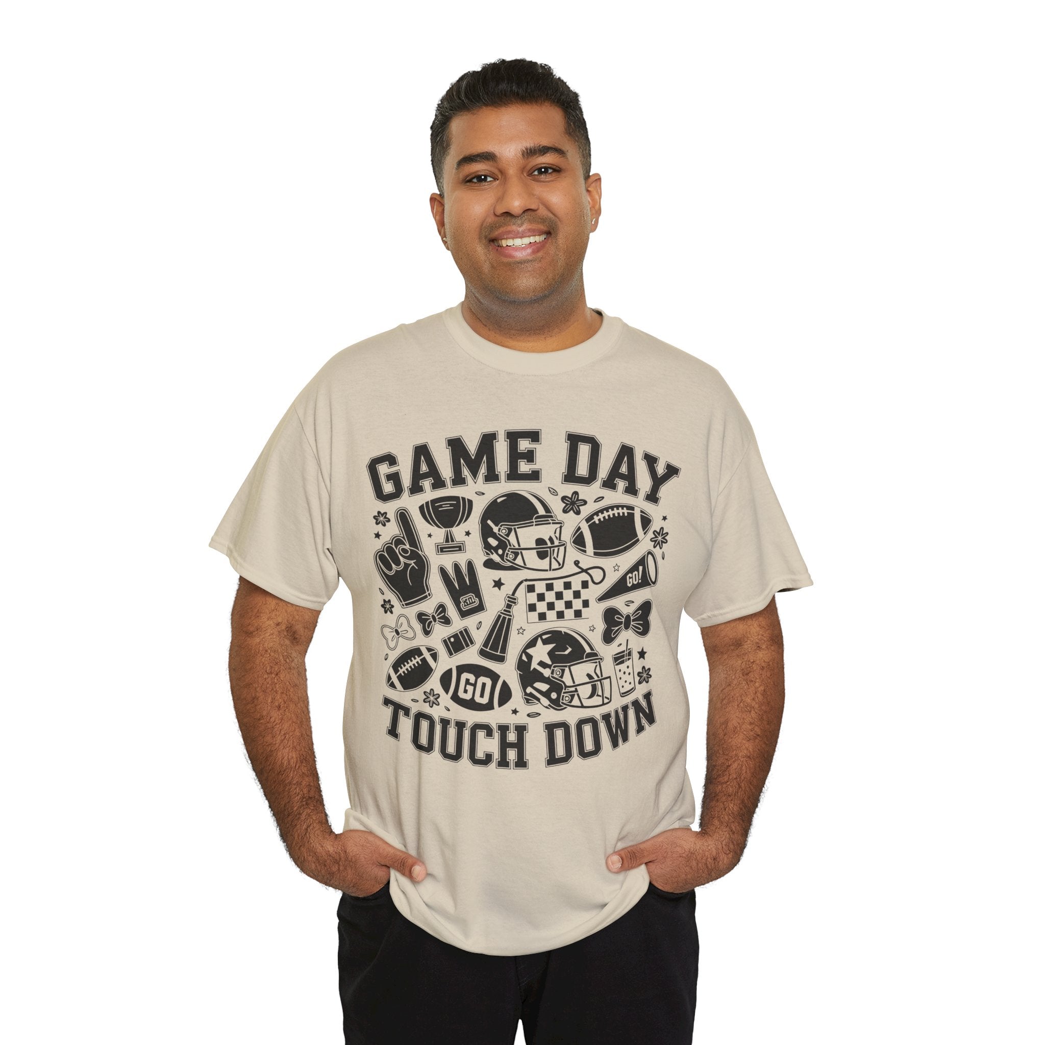 Game Day Touch Down Football T‑Shirt — Helmet & Cheer Monochrome Design Unisex Cotton Tee