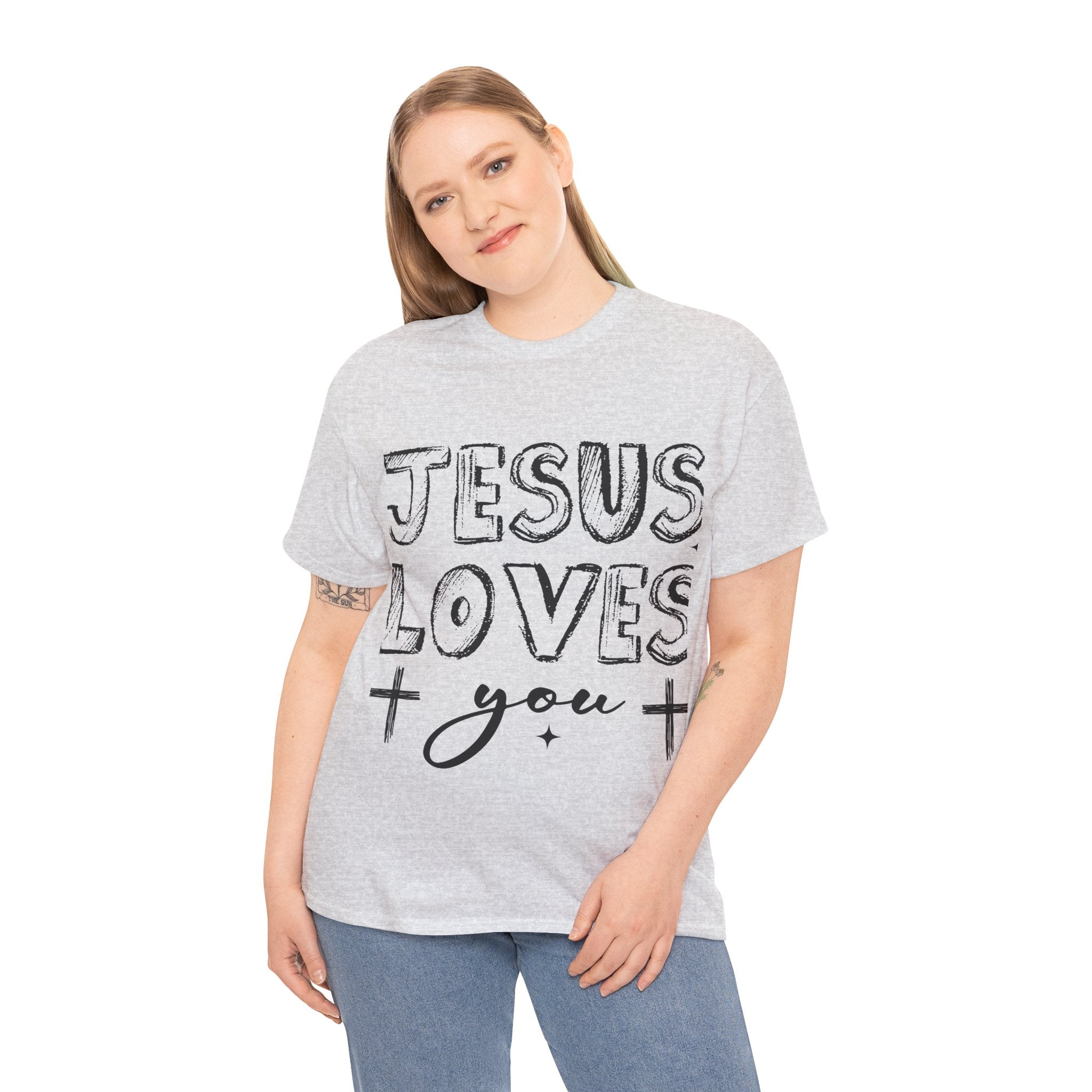 Jesus Loves You Chalk-Style Tee — Crosses & Stars Christian UNisex Cotton T-Shirt