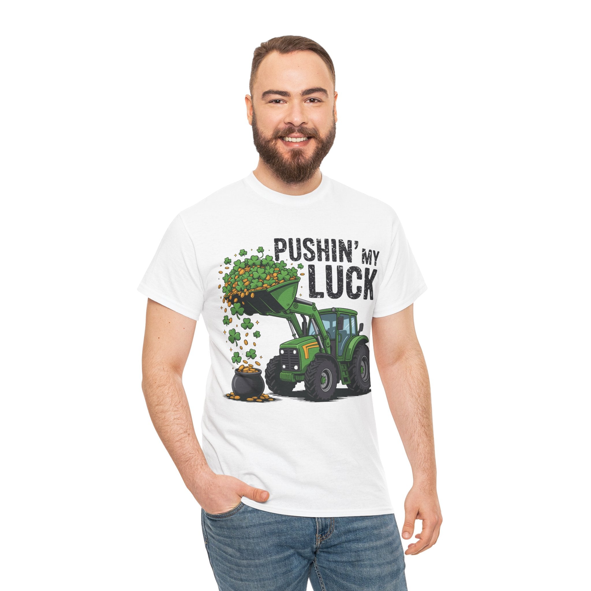 Pushin' My Luck Shamrock Tractor Tee — St. Patrick's Day Unisex Cotton T-Shirt
