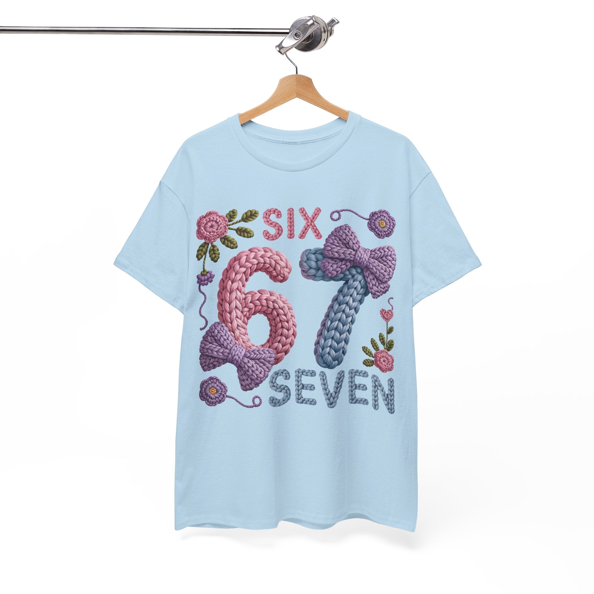 Pastel Crochet Numbers 6 & 7 Tee — Faux-Yarn Bows & Flowers. Unisex Cotton Tee
