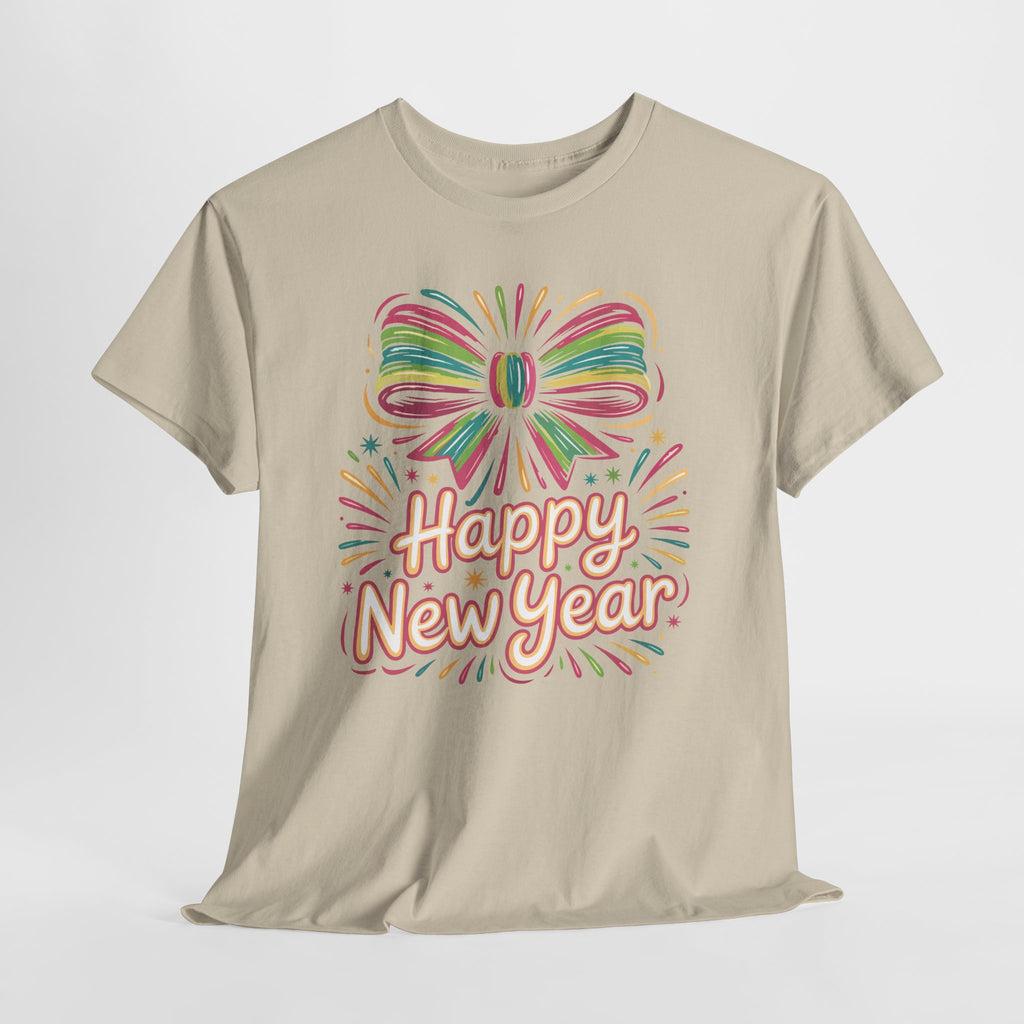 Happy New Year Pastel Tee — Rainbow Bow & Fireworks Celebration Unisex Cotton Tshirt